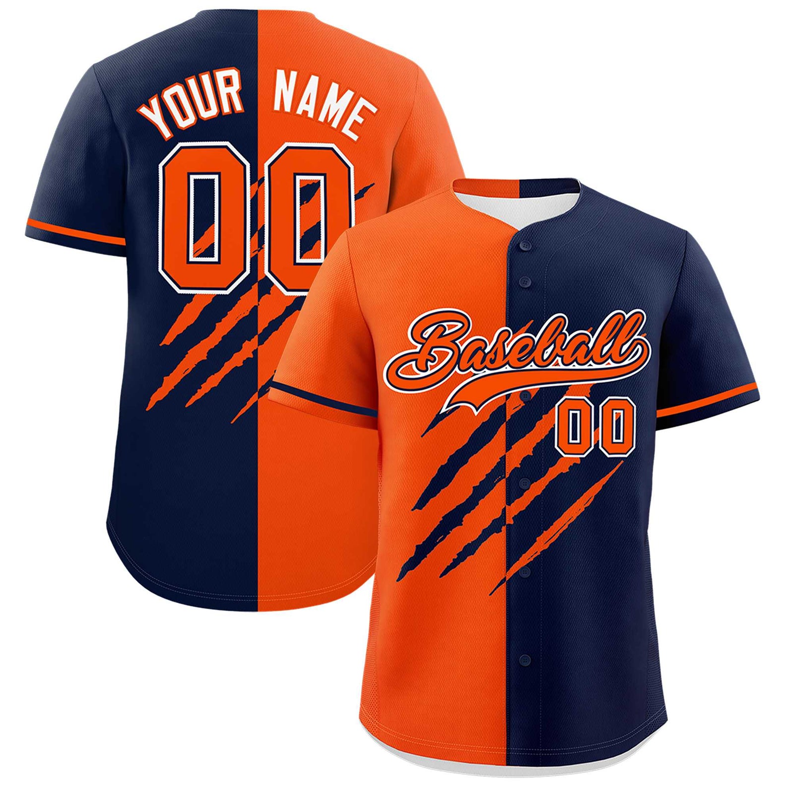 Custom Orange Navy Split Tiger Claw Scratch Pattern Baseball Jersey