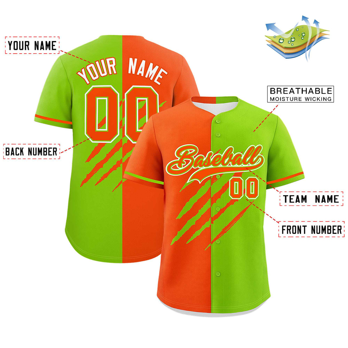 Custom Orange Neon Green Split Tiger Claw Scratch Pattern Baseball Jersey