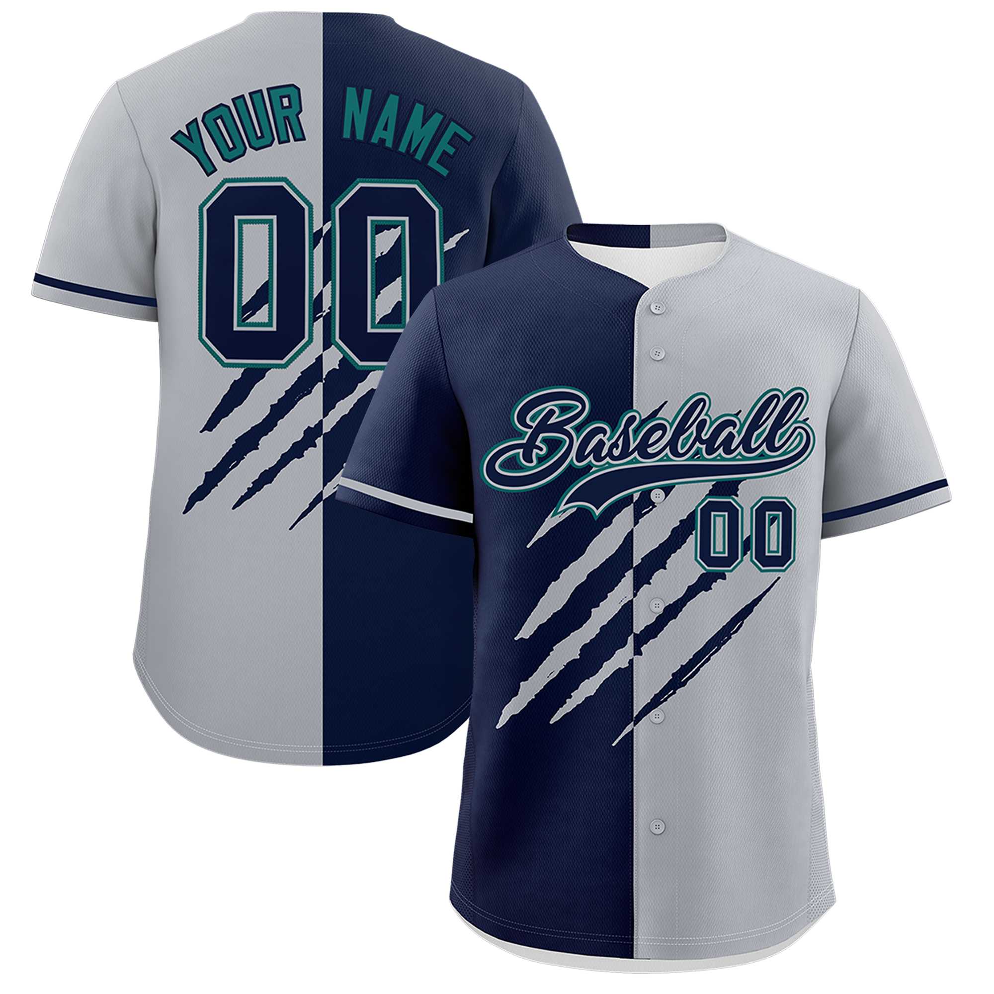 Custom Navy Gray Split Tiger Claw Scratch Pattern Baseball Jersey