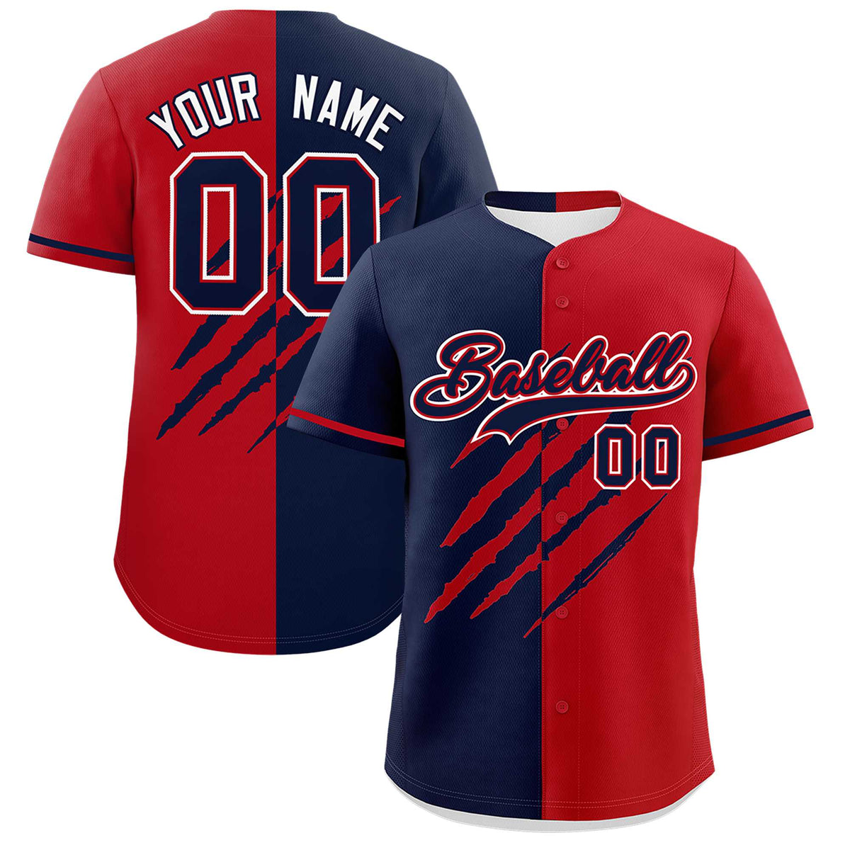 Custom Navy Red Split Tiger Claw Scratch Pattern Baseball Jersey