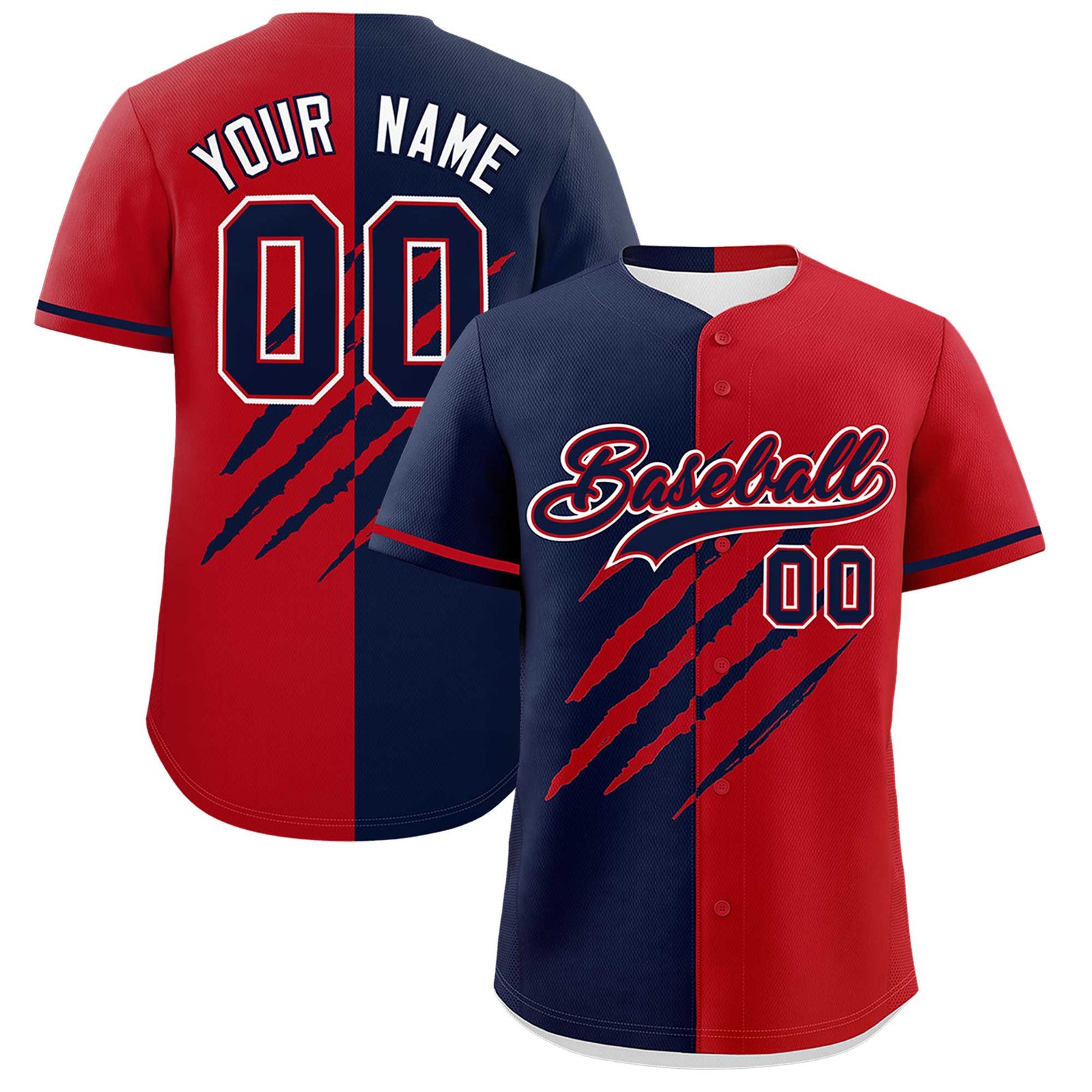Custom Navy Red Split Tiger Claw Scratch Pattern Baseball Jersey