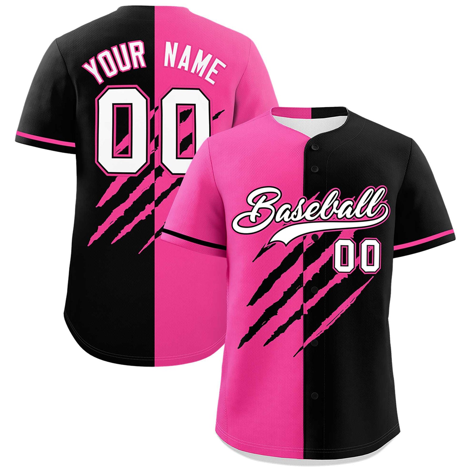 Custom Pink Black Split Tiger Claw Scratch Pattern Baseball Jersey