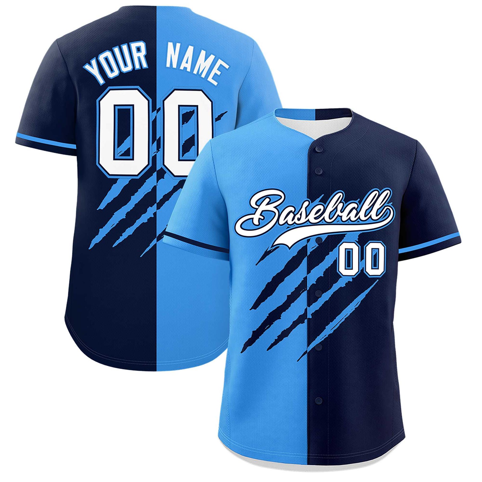Custom Powder Blue Navy Split Tiger Claw Scratch Pattern Baseball Jersey