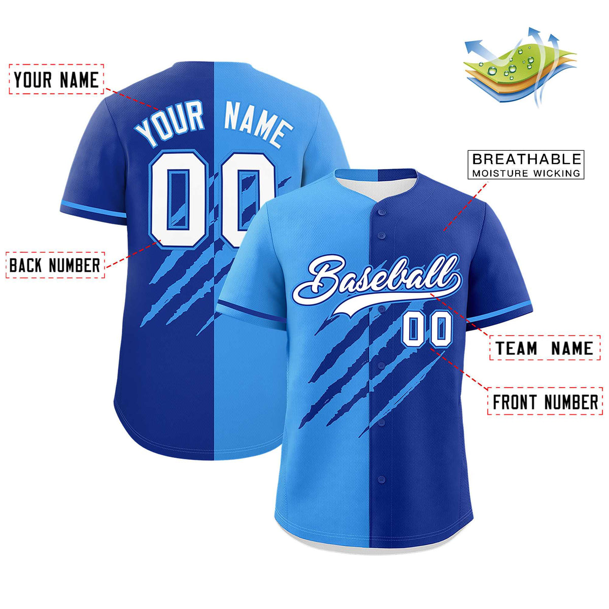 Custom Powder Blue Royal Blue Split Tiger Claw Scratch Pattern Baseball Jersey