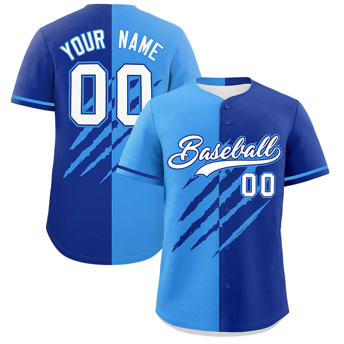 Custom Powder Blue Royal Blue Split Tiger Claw Scratch Pattern Baseball Jersey