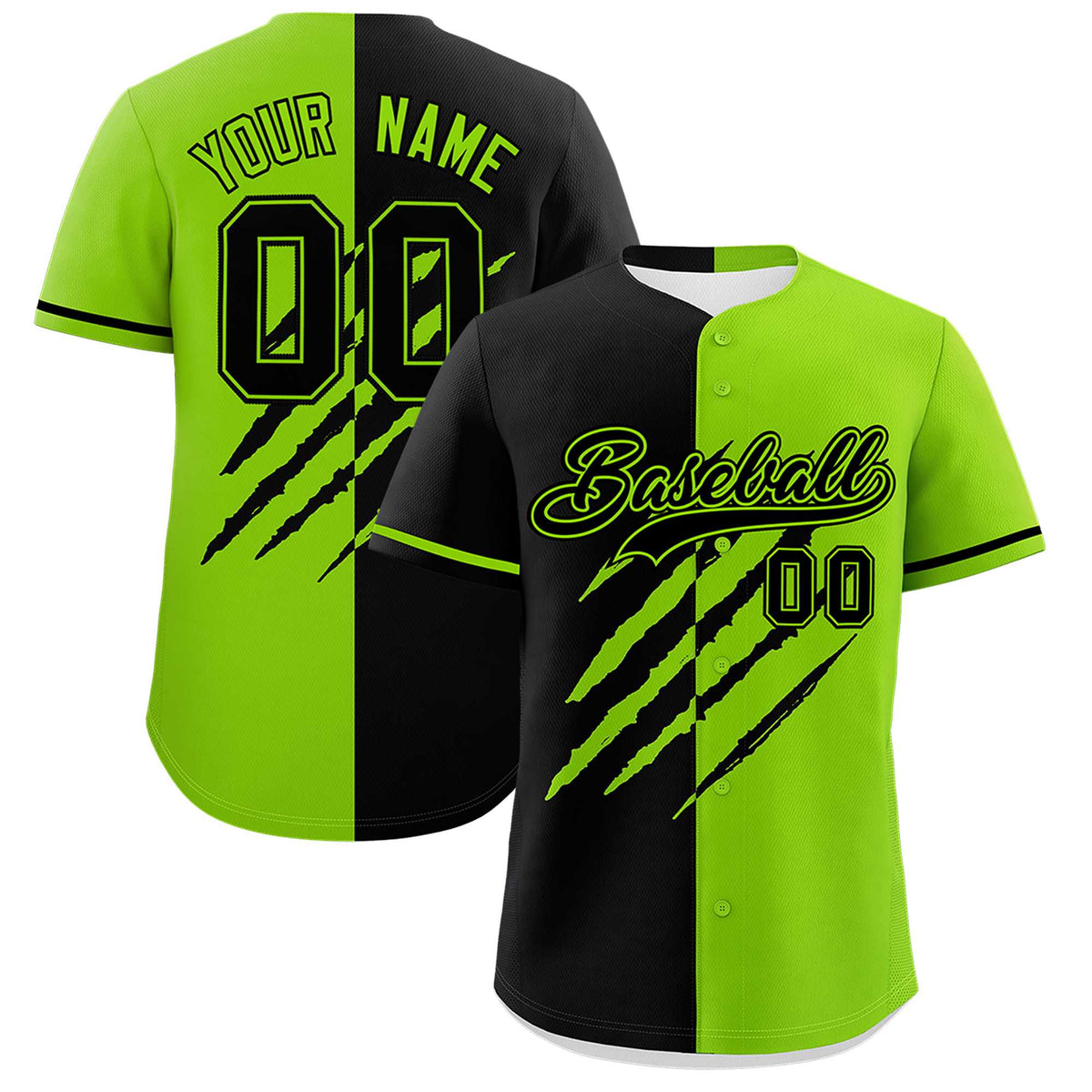 Custom Black Neon Green Split Tiger Claw Scratch Pattern Baseball Jersey