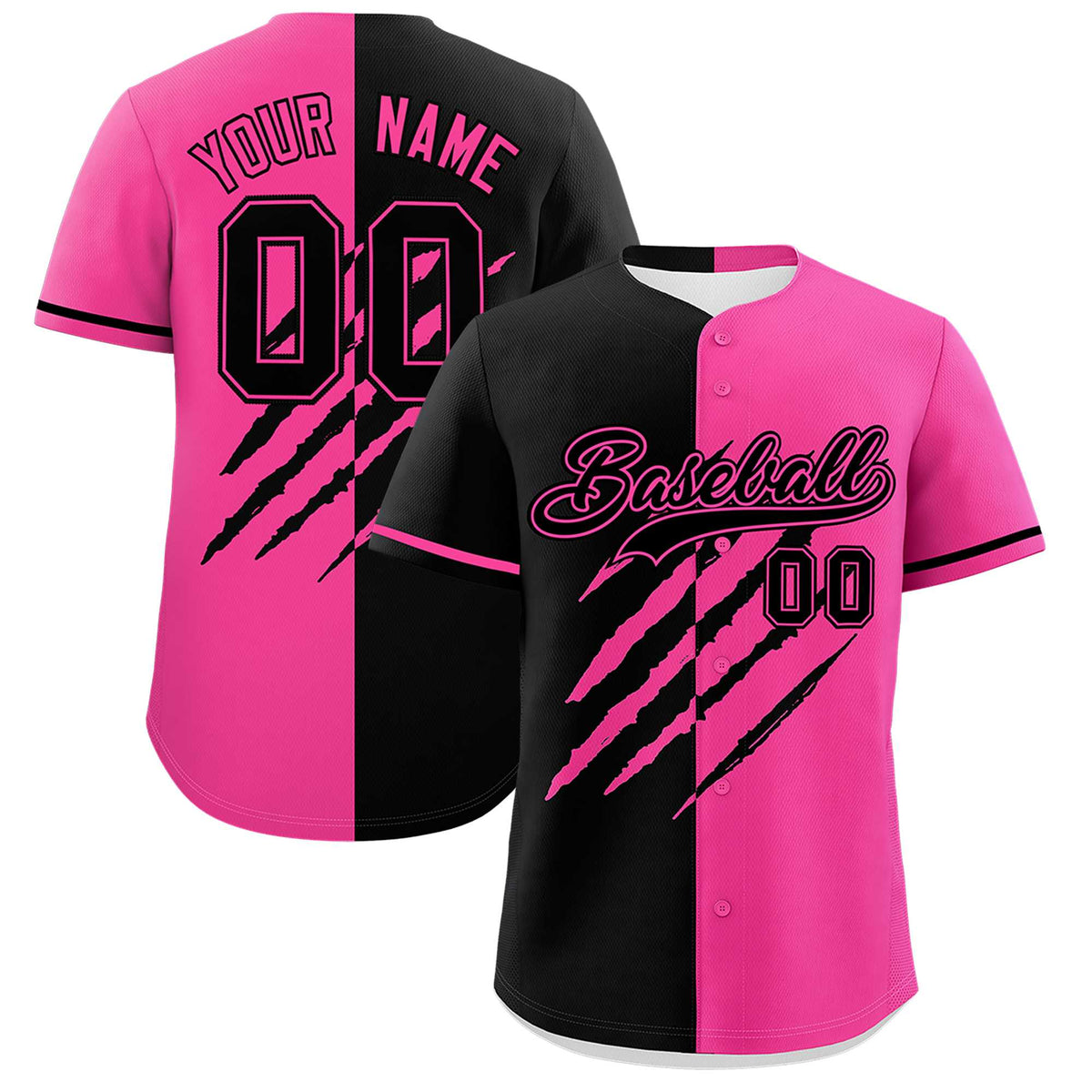 Custom Black Pink Split Tiger Claw Scratch Pattern Baseball Jersey