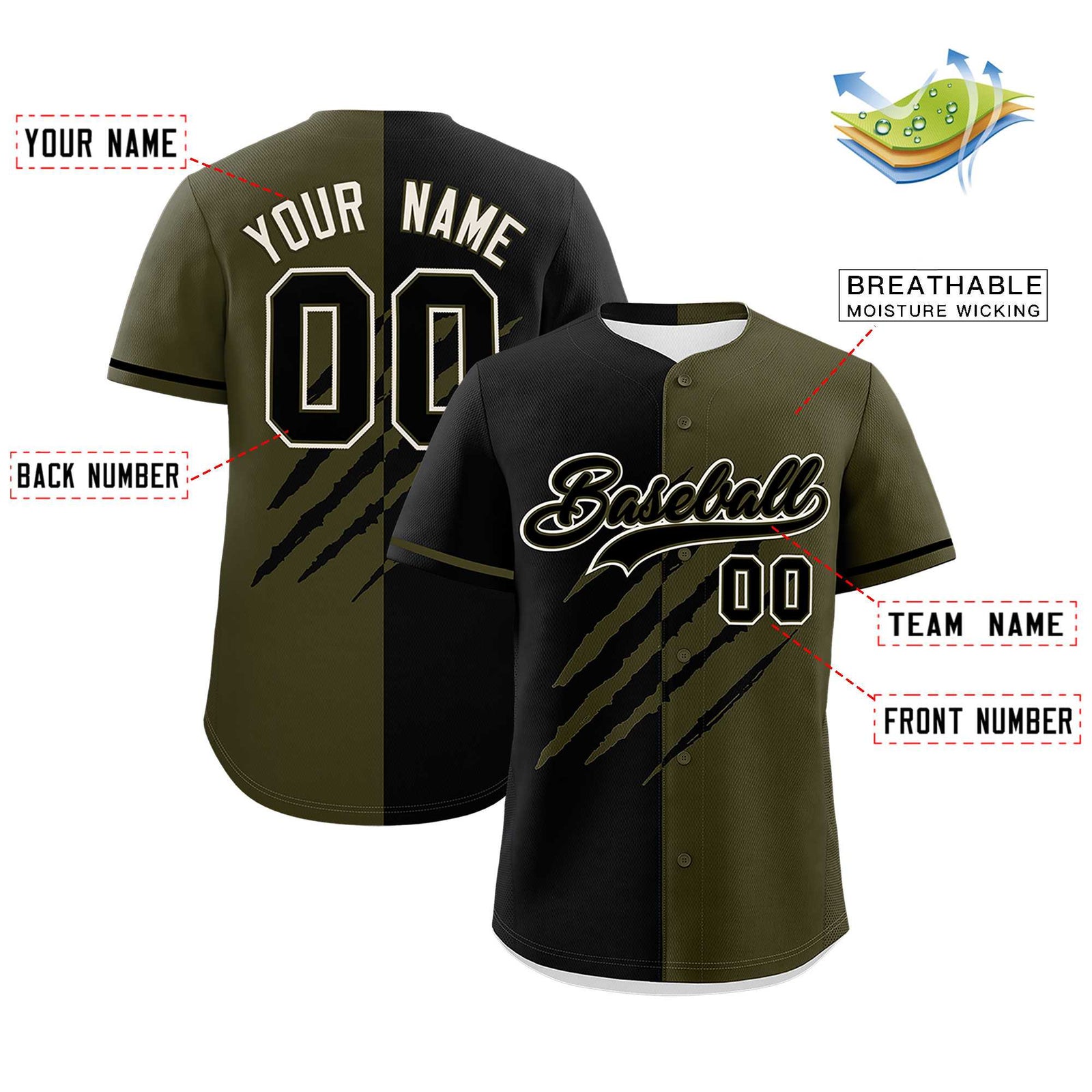 Custom Black Olive Split Tiger Claw Scratch Pattern Baseball Jersey