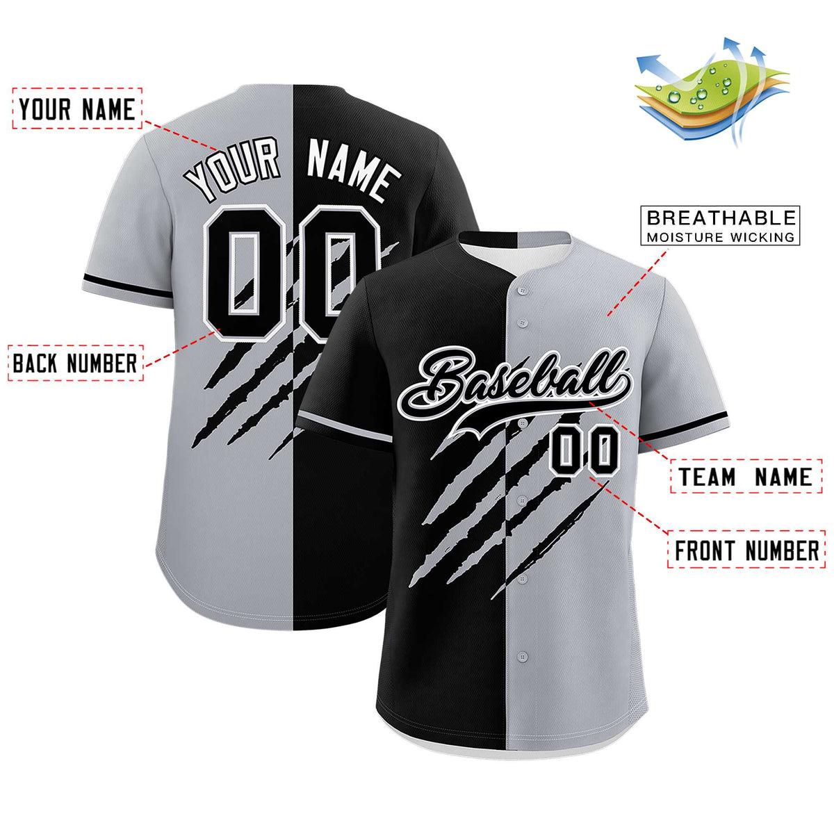 Custom Black Gray Split Tiger Claw Scratch Pattern Baseball Jersey