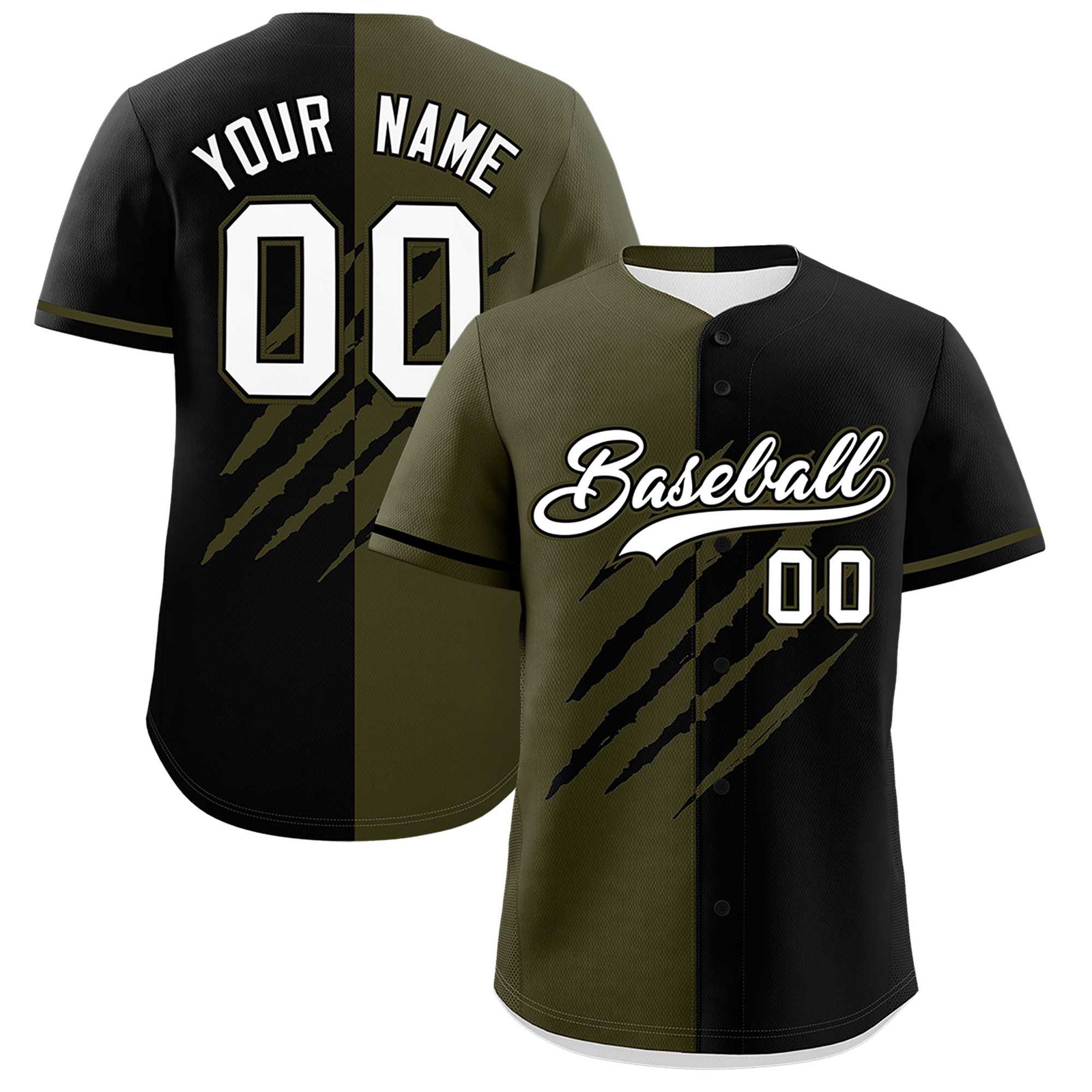 Custom Olive Black Split Tiger Claw Scratch Pattern Baseball Jersey
