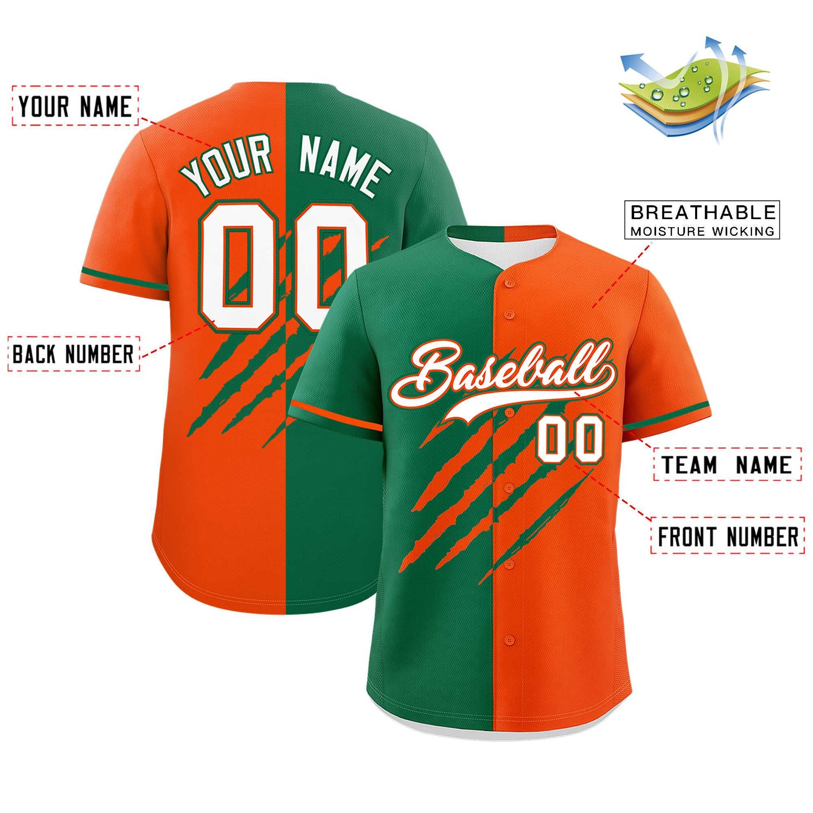 Custom Kelly Green Orange Split Tiger Claw Scratch Pattern Baseball Jersey