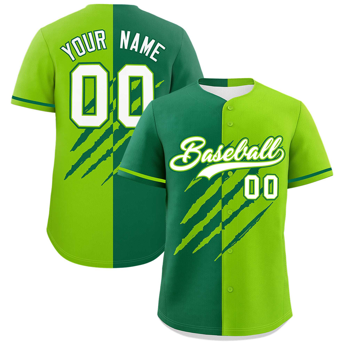 Custom Kelly Green Neon Green Split Tiger Claw Scratch Pattern Baseball Jersey