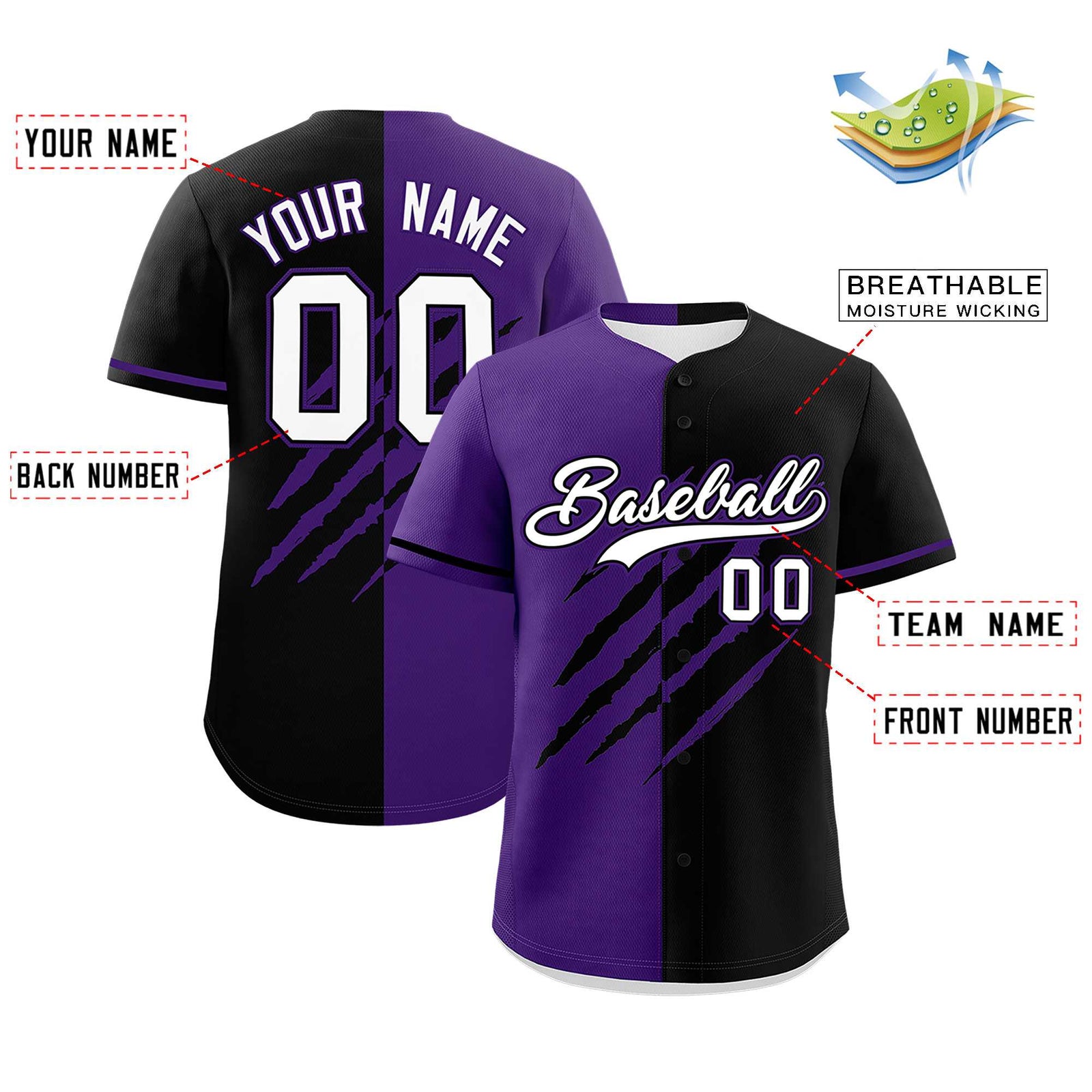 Custom Purple Black Split Tiger Claw Scratch Pattern Baseball Jersey