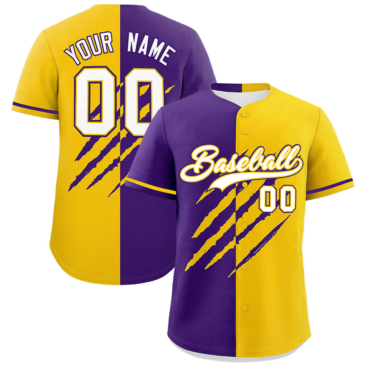 Custom Purple Gold Split Tiger Claw Scratch Pattern Baseball Jersey