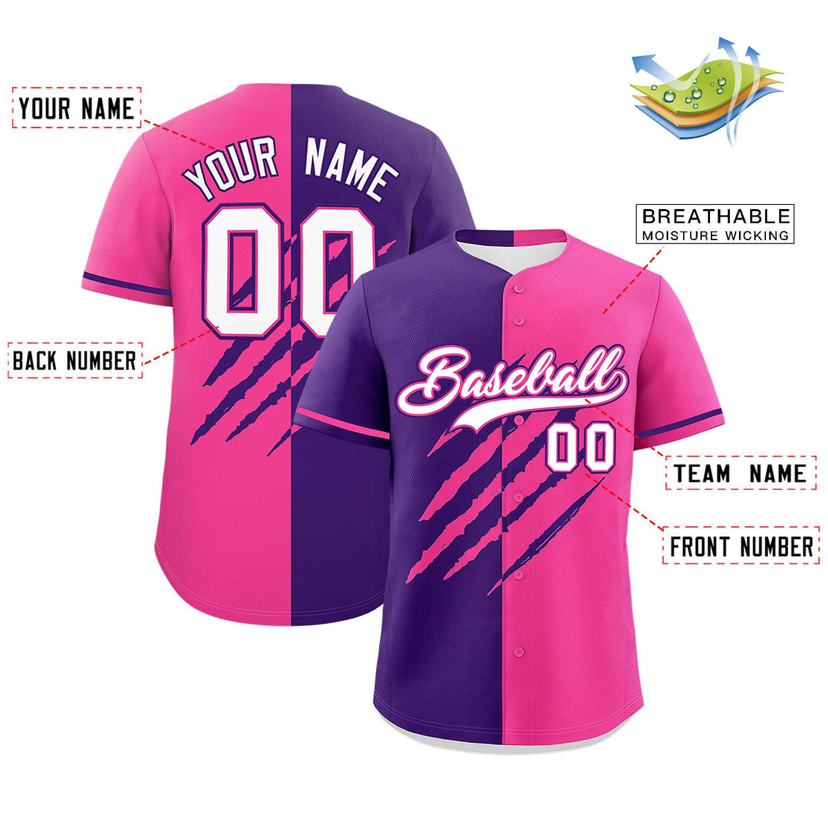 Custom Purple Pink Split Tiger Claw Scratch Pattern Baseball Jersey