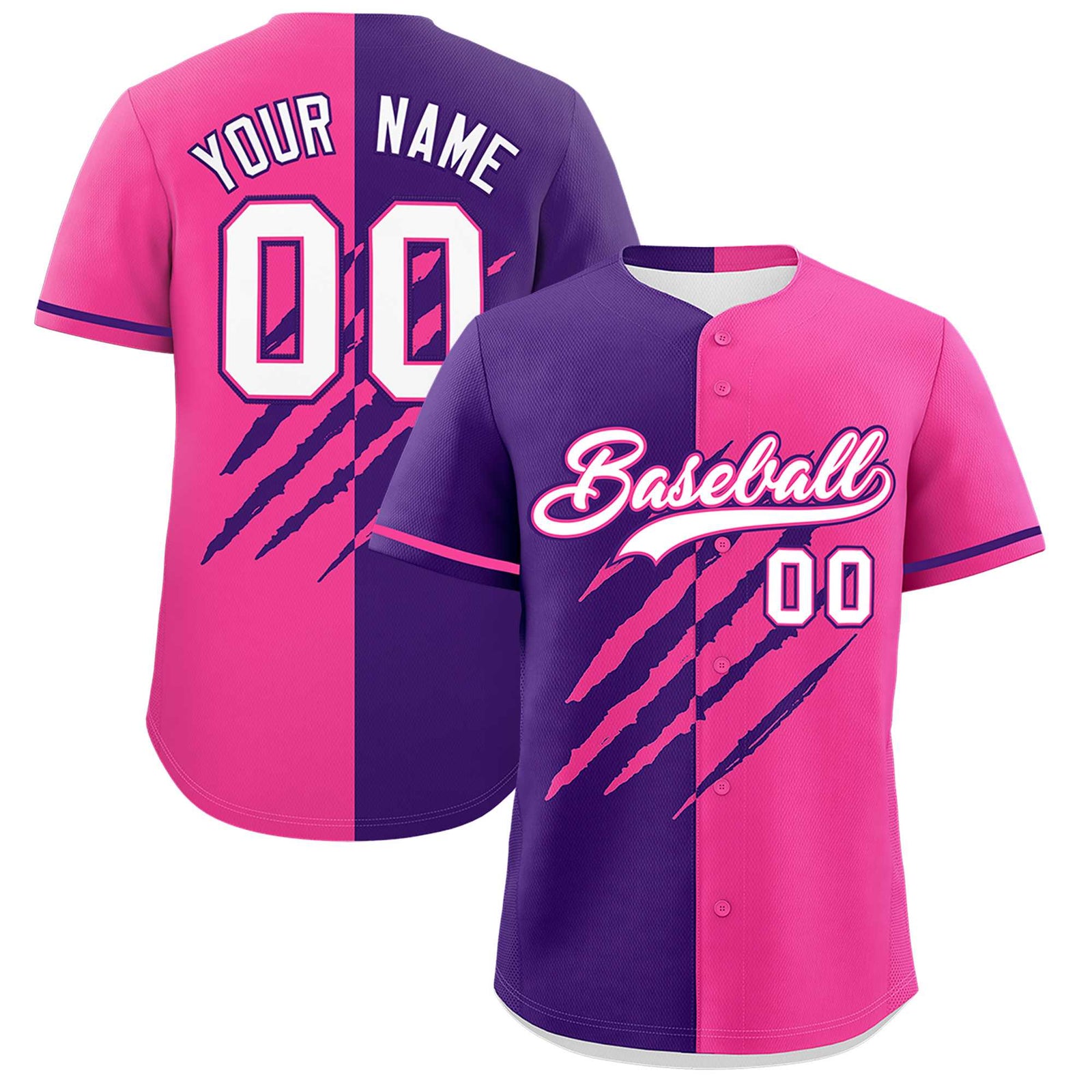 Custom Purple Pink Split Tiger Claw Scratch Pattern Baseball Jersey