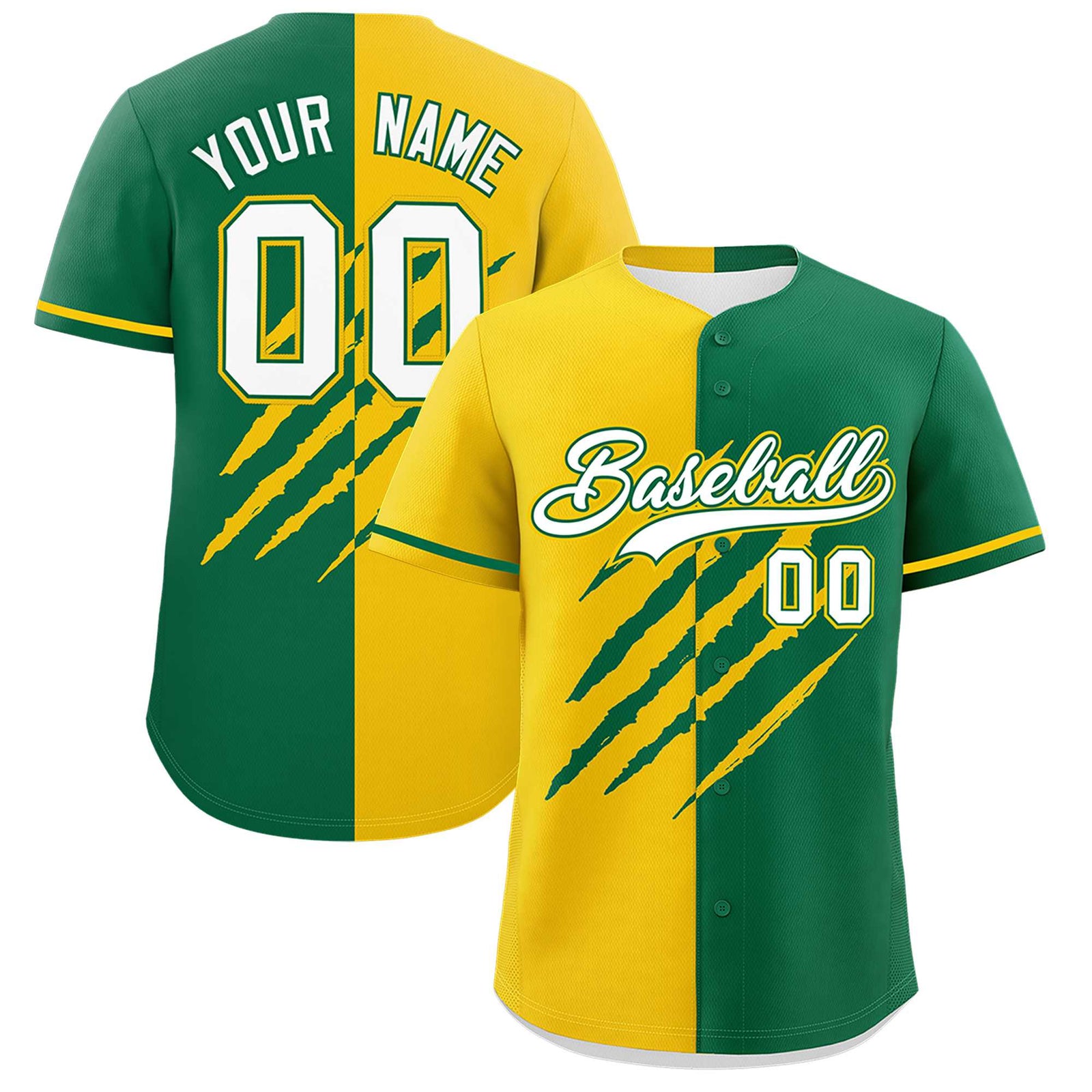 Custom Gold Kelly Green Split Tiger Claw Scratch Pattern Baseball Jersey