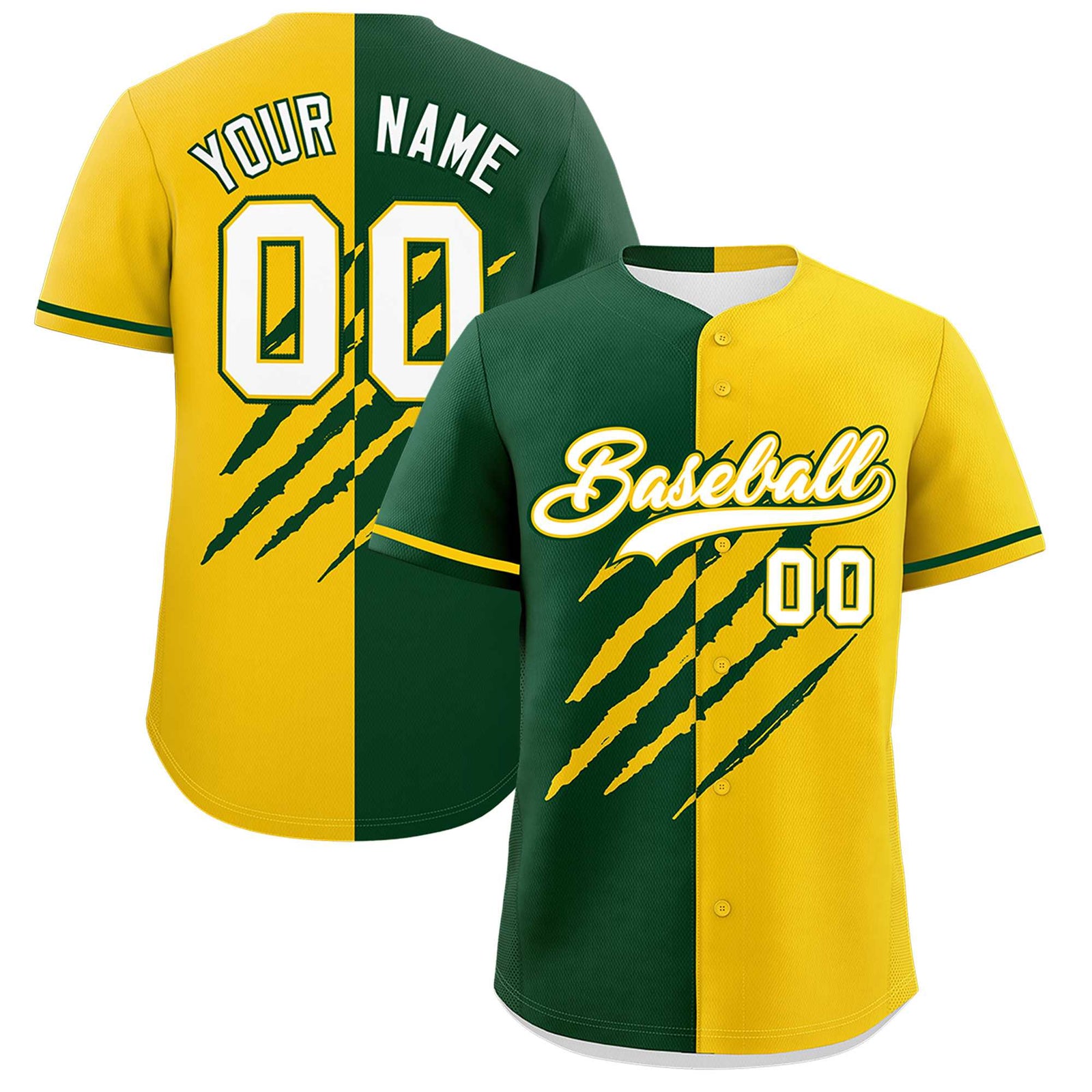 Custom Green Gold Split Tiger Claw Scratch Pattern Baseball Jersey