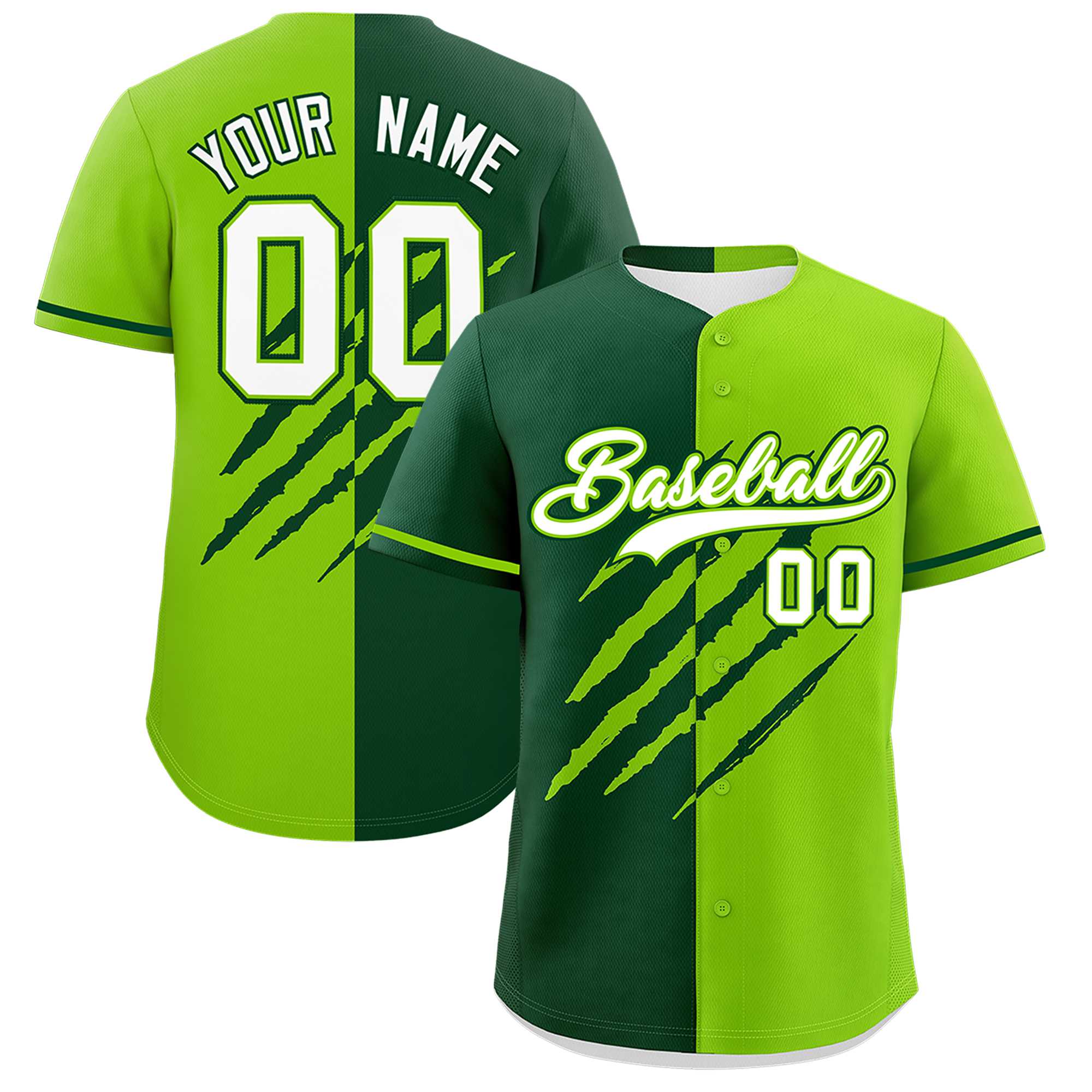 Custom Green Neon Green Split Tiger Claw Scratch Pattern Baseball Jersey