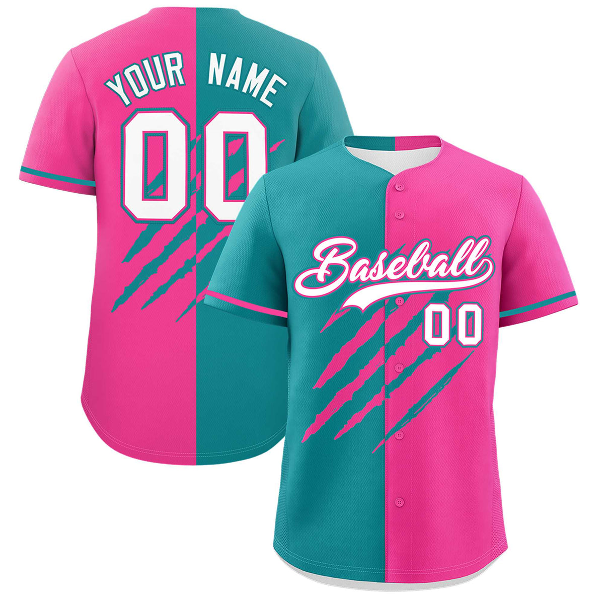 Custom Aqua Pink Split Tiger Claw Scratch Pattern Baseball Jersey