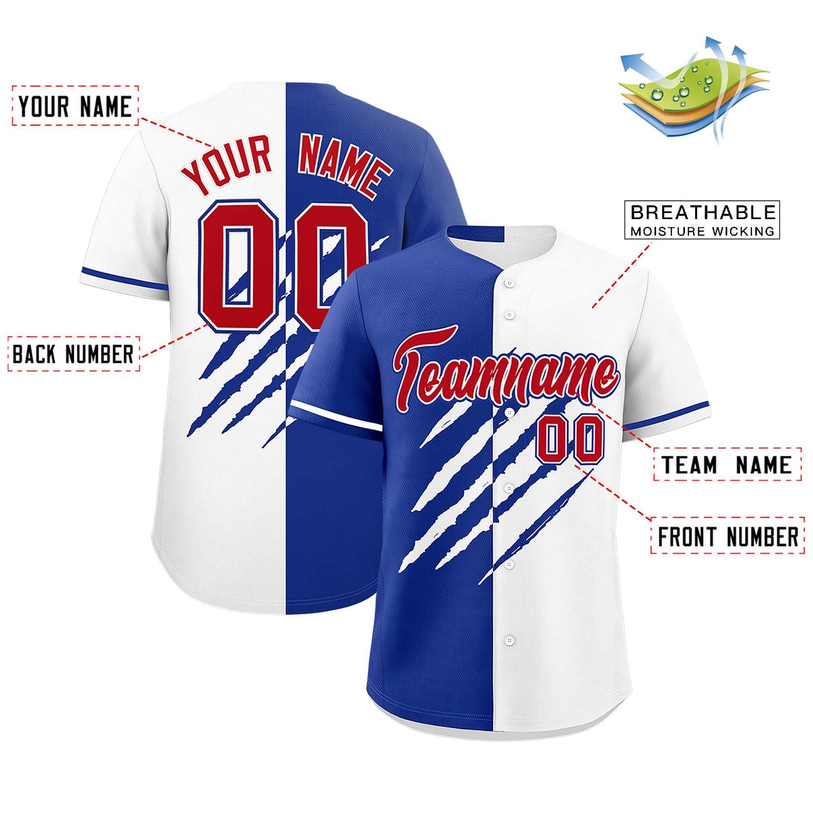 Custom Royal Blue White Split Tiger Claw Scratch Pattern Baseball Jersey