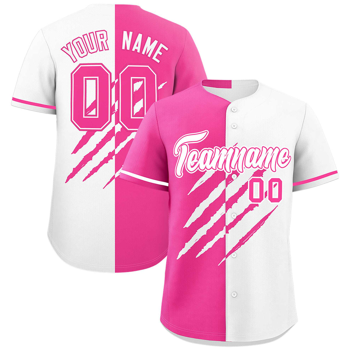 Custom Pink White Split Tiger Claw Scratch Pattern Baseball Jersey