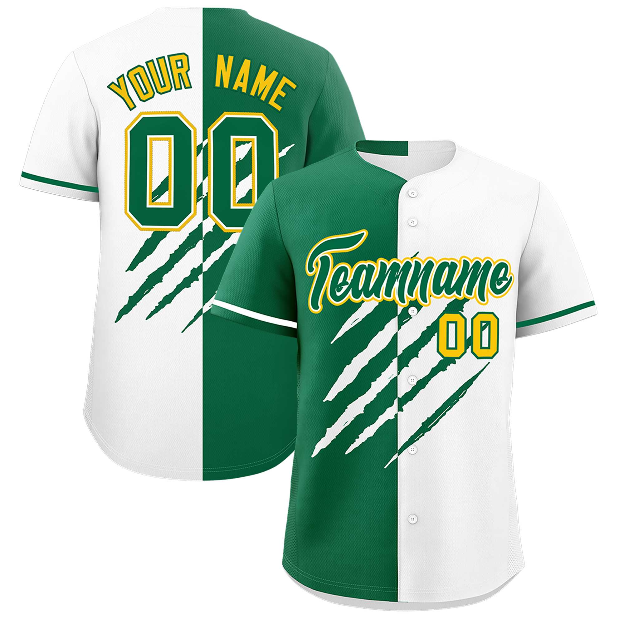 Custom Kelly Green White Split Tiger Claw Scratch Pattern Baseball Jersey