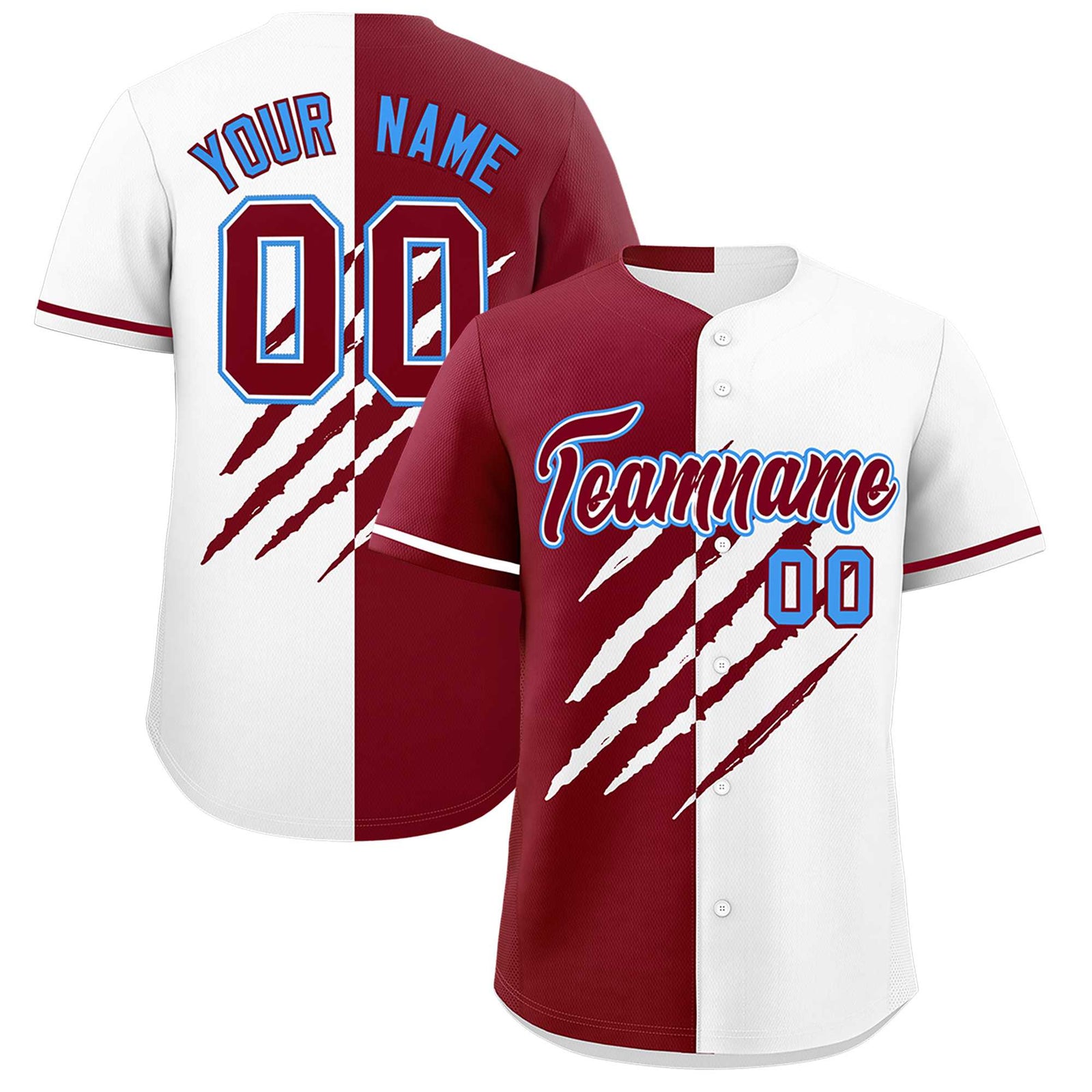 Custom Crimson White Split Tiger Claw Scratch Pattern Baseball Jersey