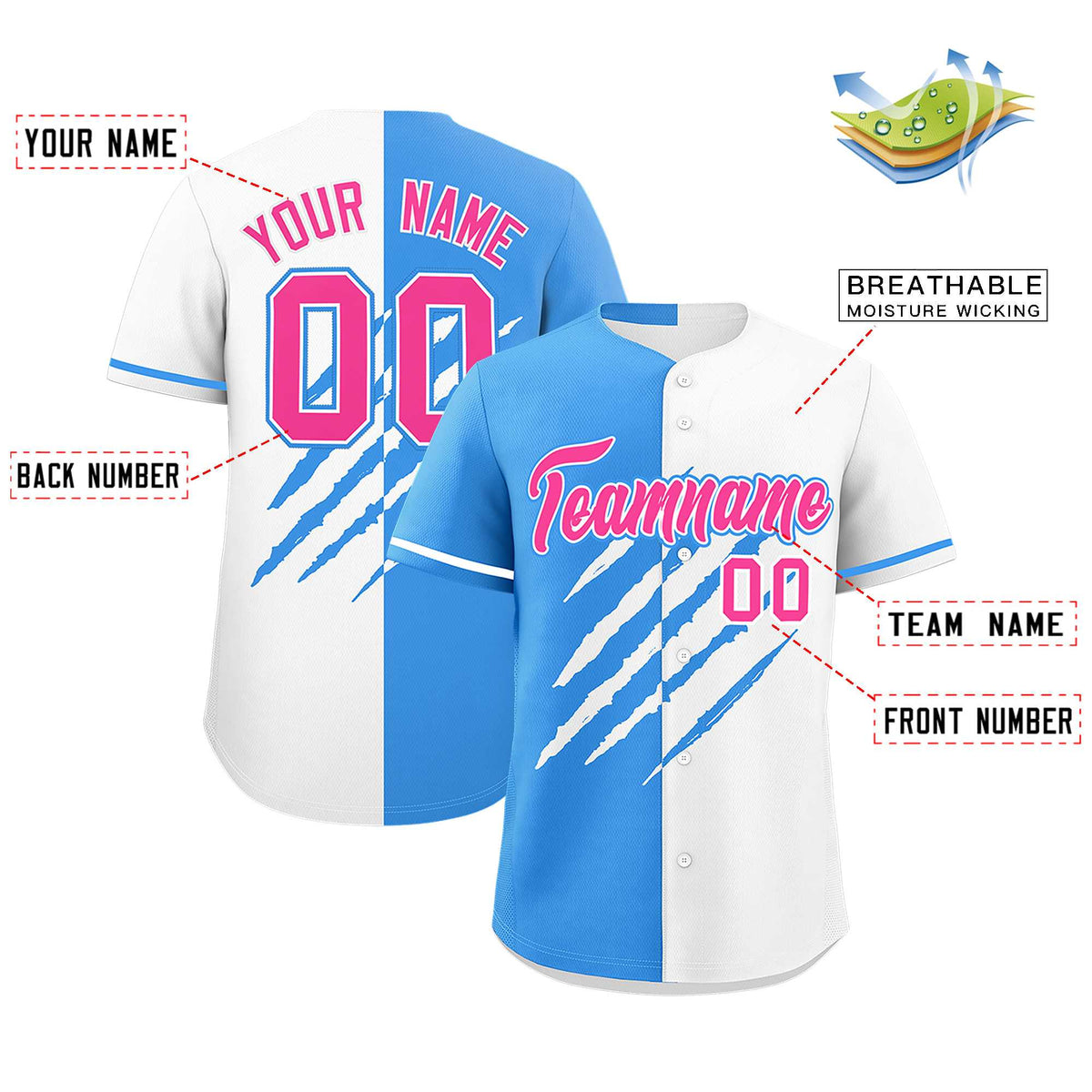 Custom Powder Blue White Split Tiger Claw Scratch Pattern Baseball Jersey