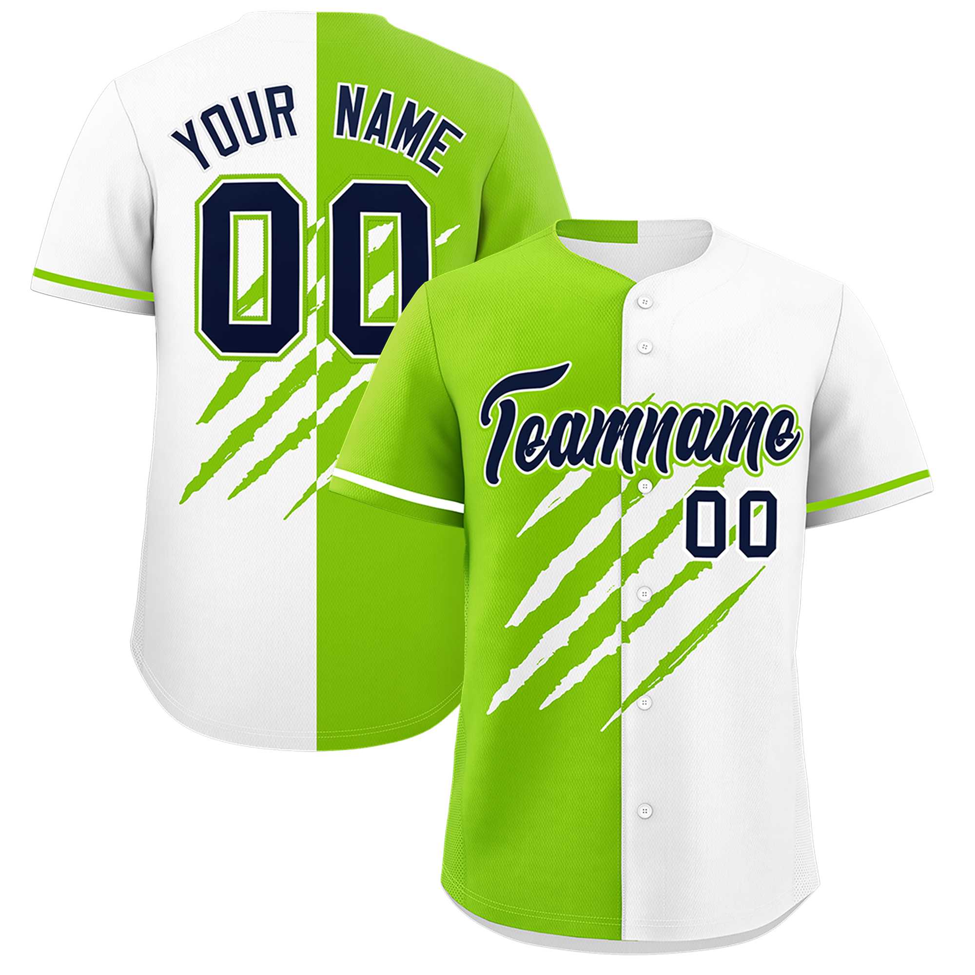 Custom Neon Green White Split Tiger Claw Scratch Pattern Baseball Jersey
