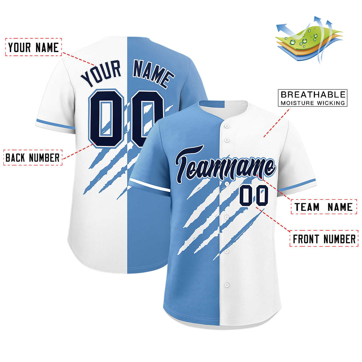 Custom Light Blue White Split Tiger Claw Scratch Pattern Baseball Jersey