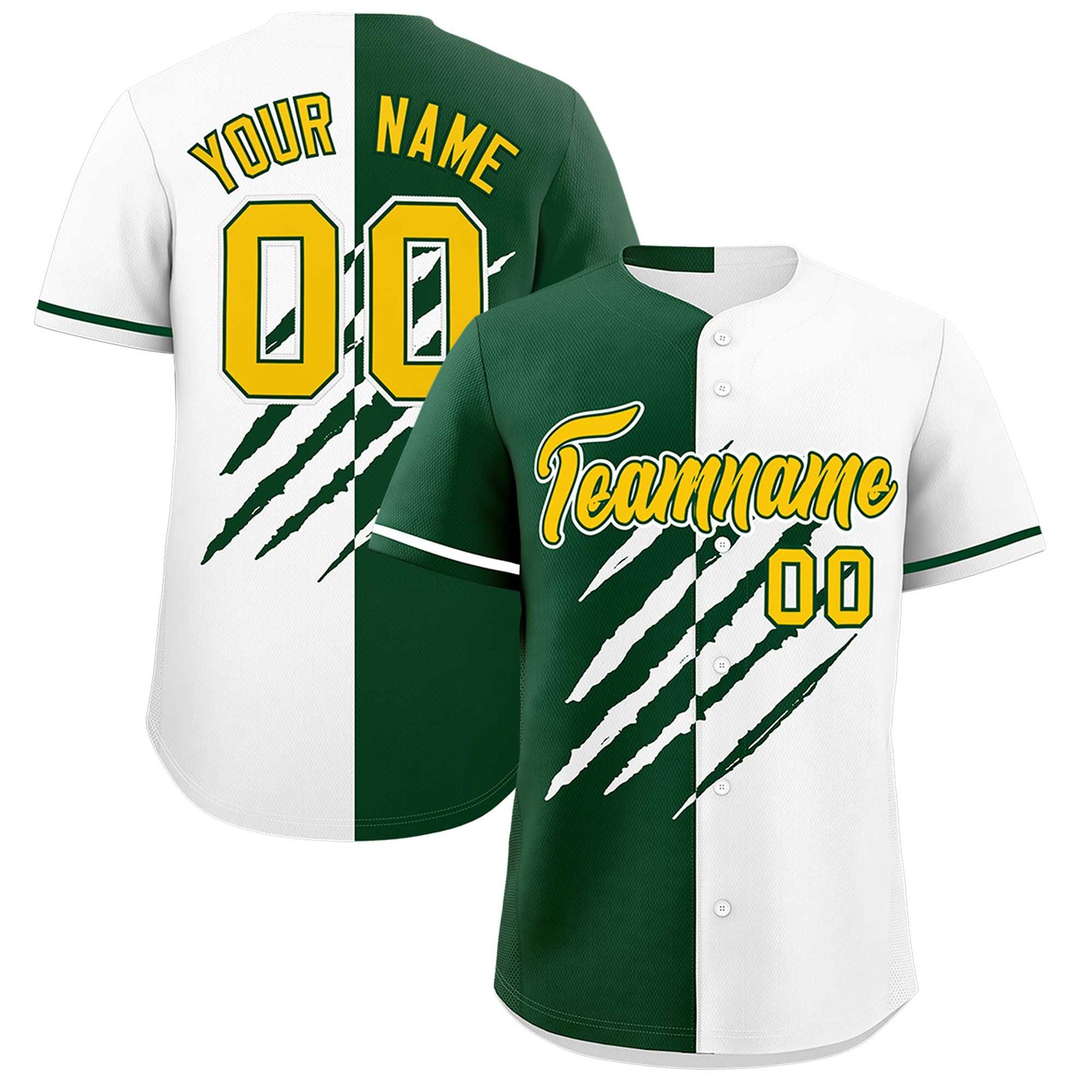 Custom Green White Split Tiger Claw Scratch Pattern Baseball Jersey