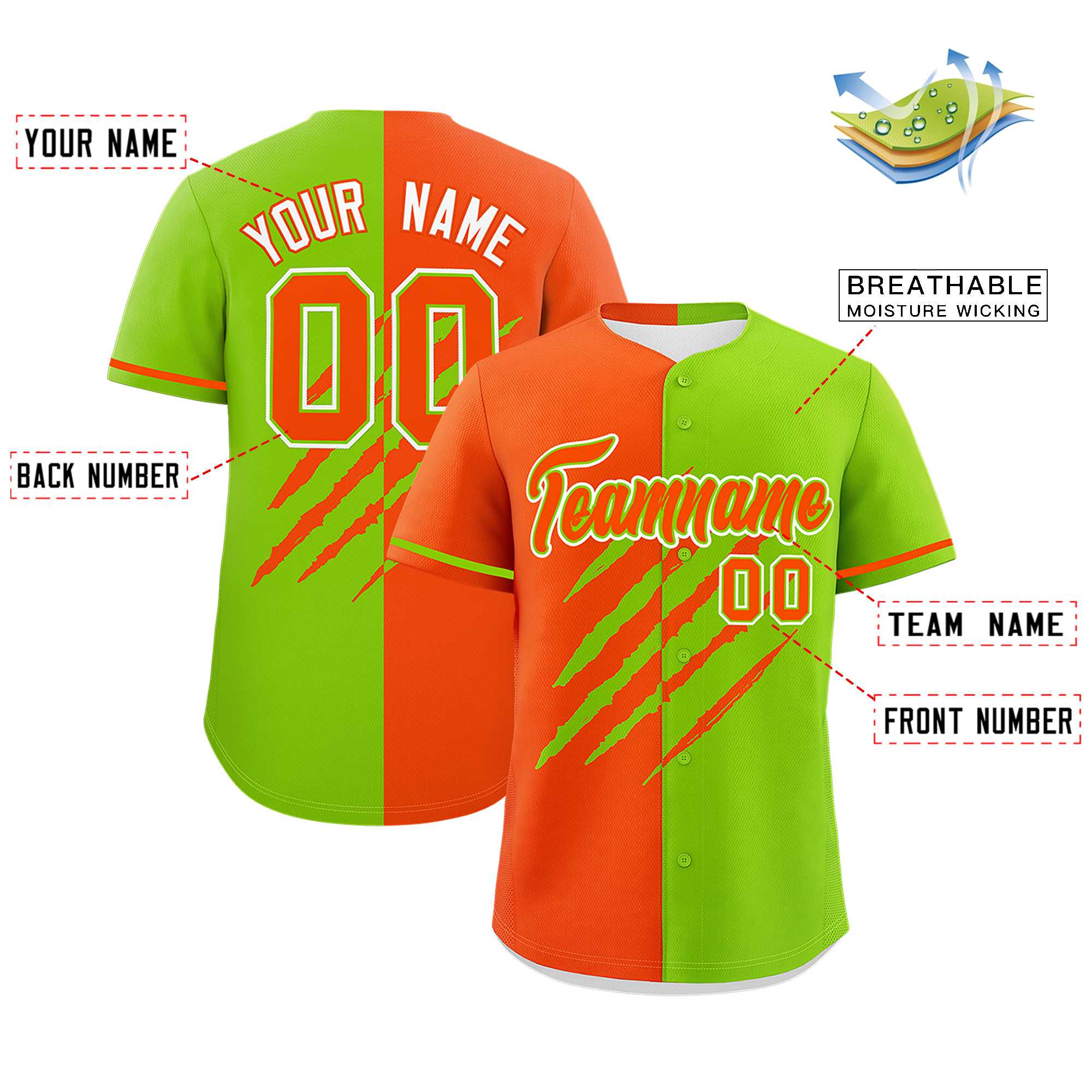 Custom Orange Neon Green Split Tiger Claw Scratch Pattern Baseball Jersey