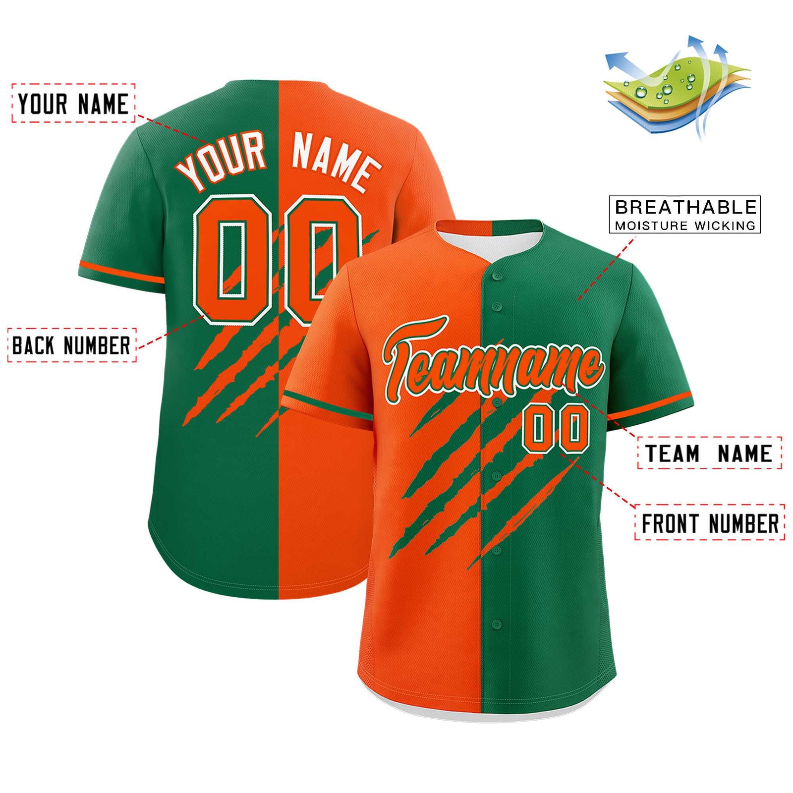 Custom Orange Kelly Green Split Tiger Claw Scratch Pattern Baseball Jersey