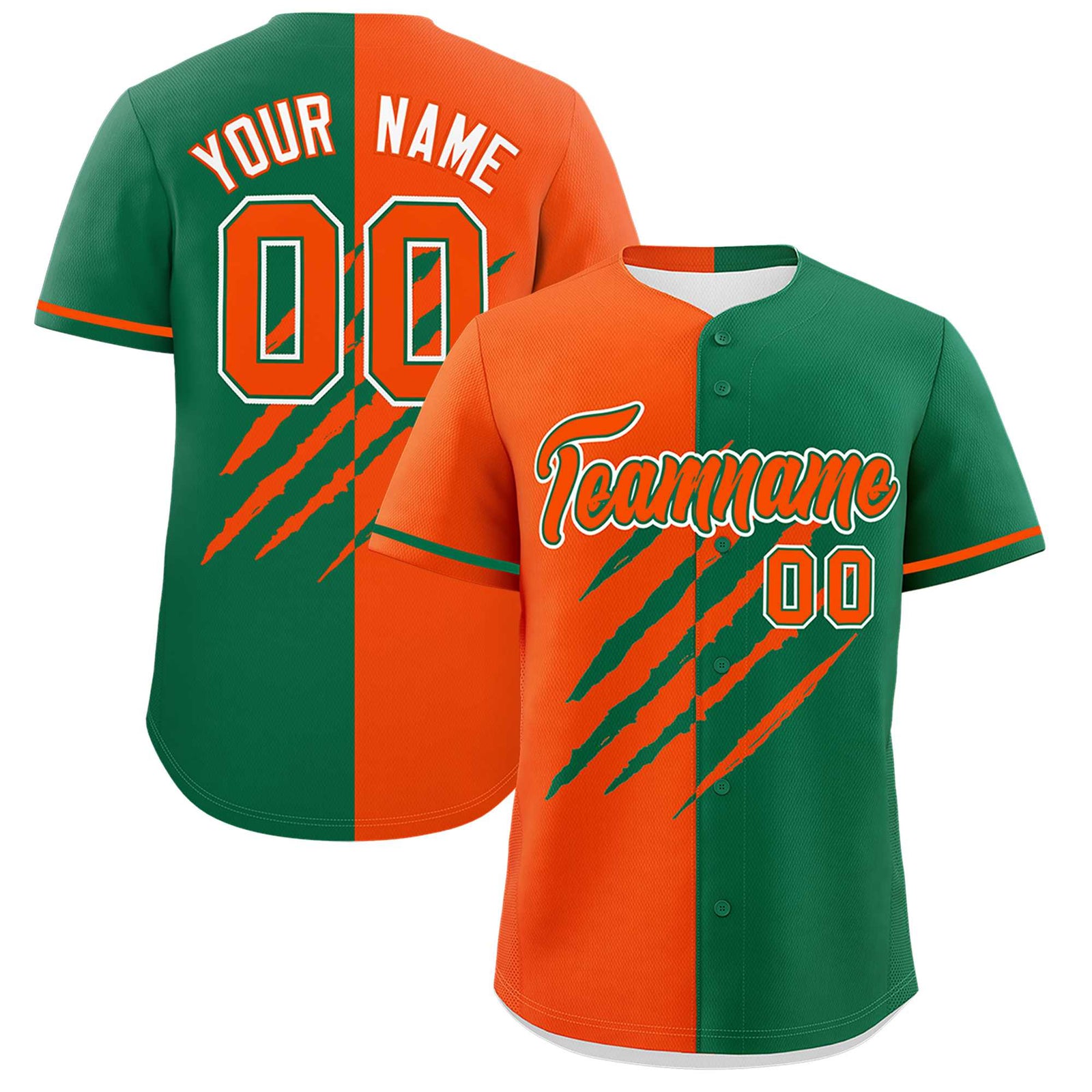 Custom Orange Kelly Green Split Tiger Claw Scratch Pattern Baseball Jersey