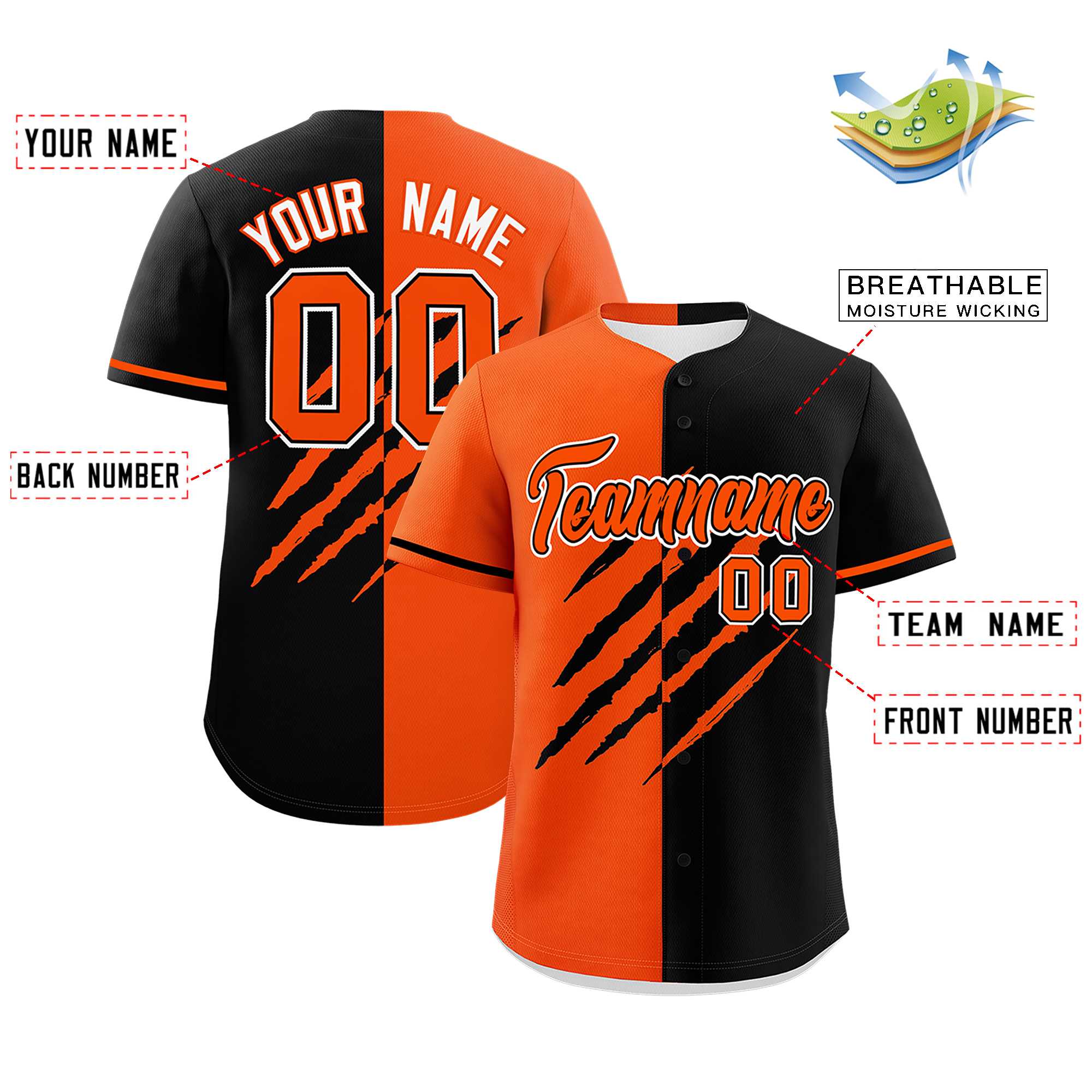 Custom Orange Black Split Tiger Claw Scratch Pattern Baseball Jersey