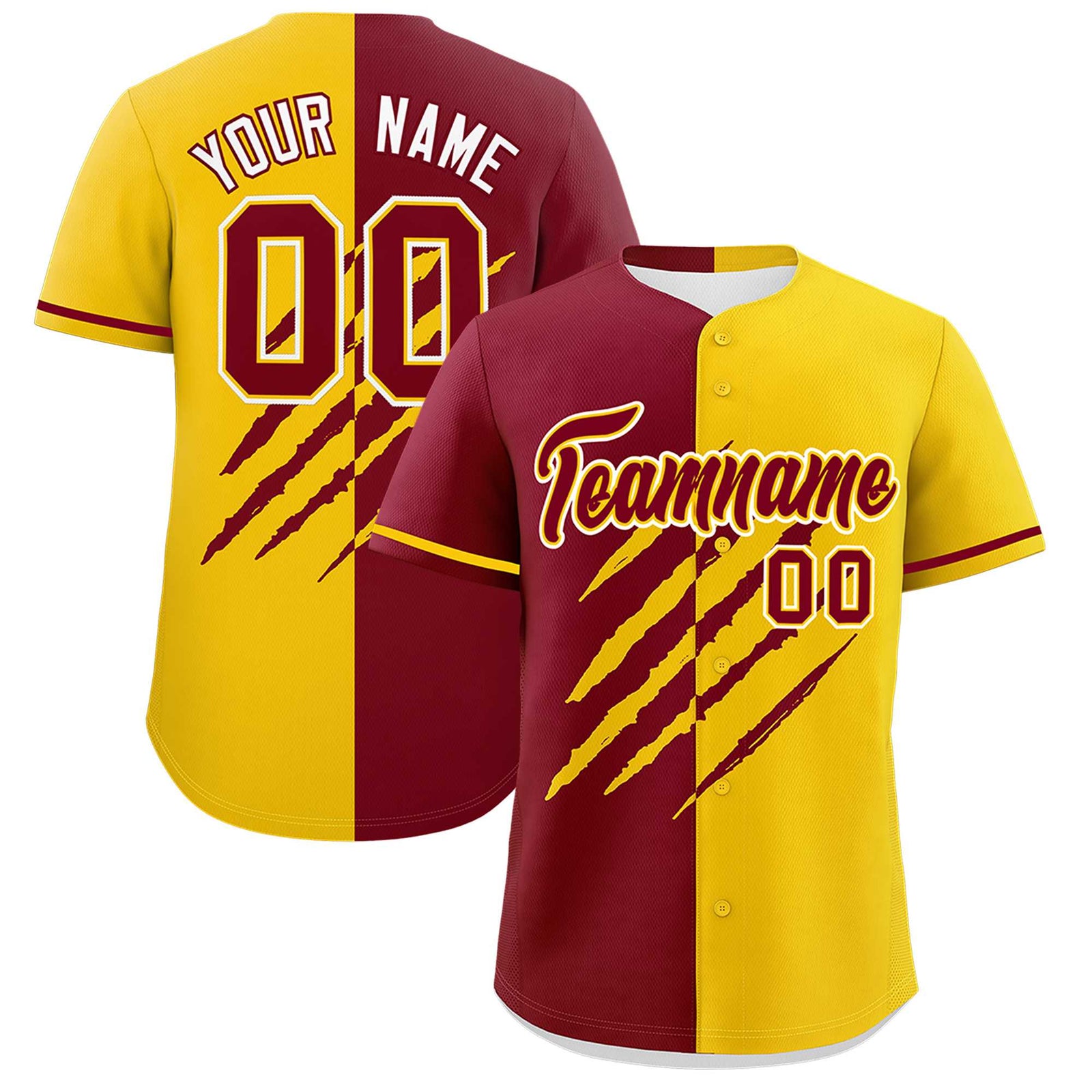 Custom Crimson Gold Split Tiger Claw Scratch Pattern Baseball Jersey