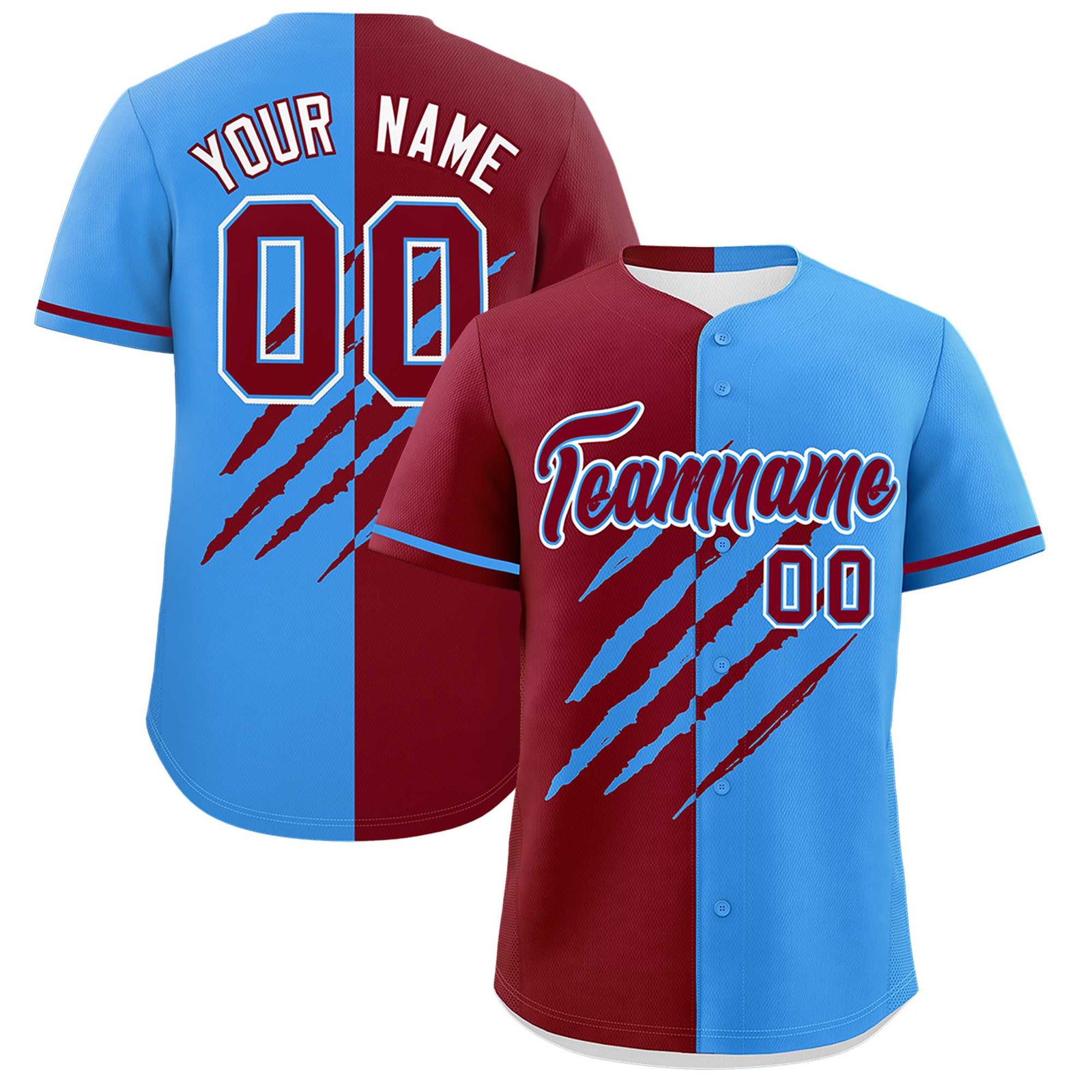 Custom Crimson Powder Blue Split Tiger Claw Scratch Pattern Baseball Jersey