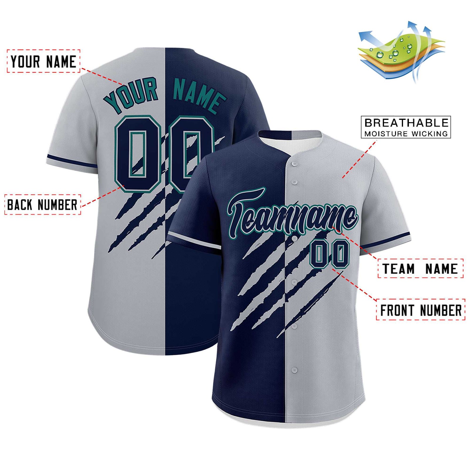 Custom Navy Gray Split Tiger Claw Scratch Pattern Baseball Jersey