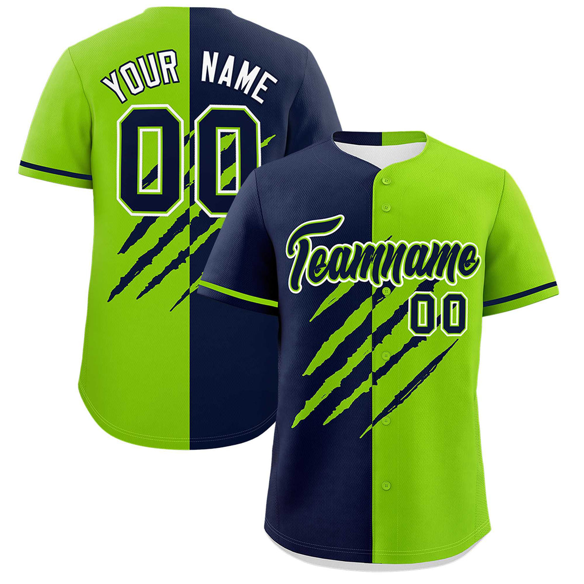 Custom Navy Neon Green Split Tiger Claw Scratch Pattern Baseball Jersey
