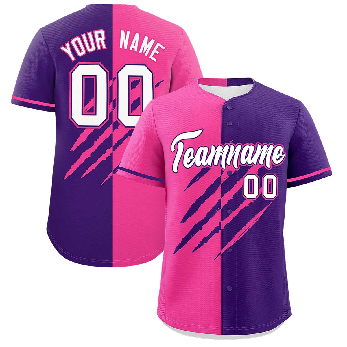 Custom Pink Purple Split Tiger Claw Scratch Pattern Baseball Jersey