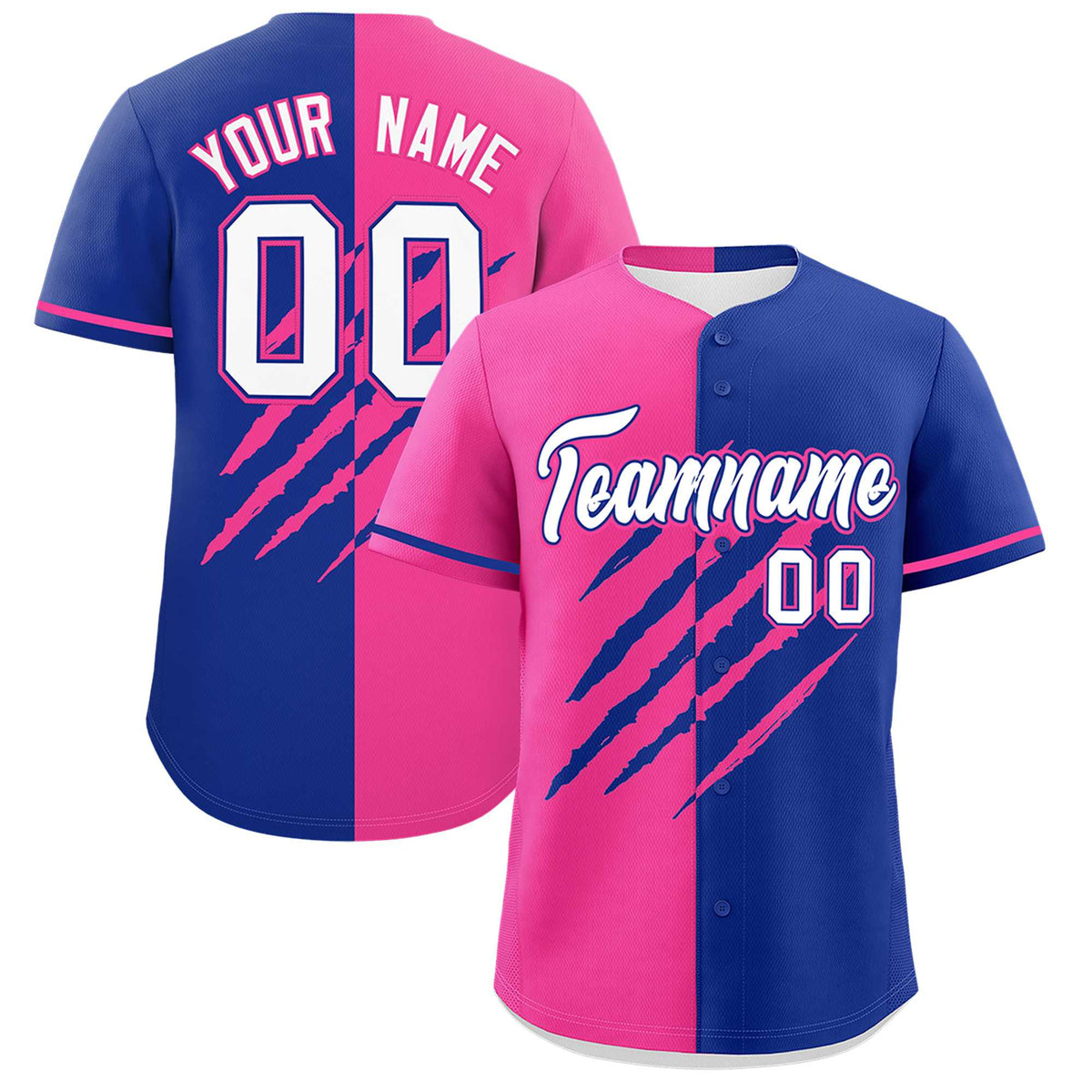 Custom Pink Royal Blue Split Tiger Claw Scratch Pattern Baseball Jersey