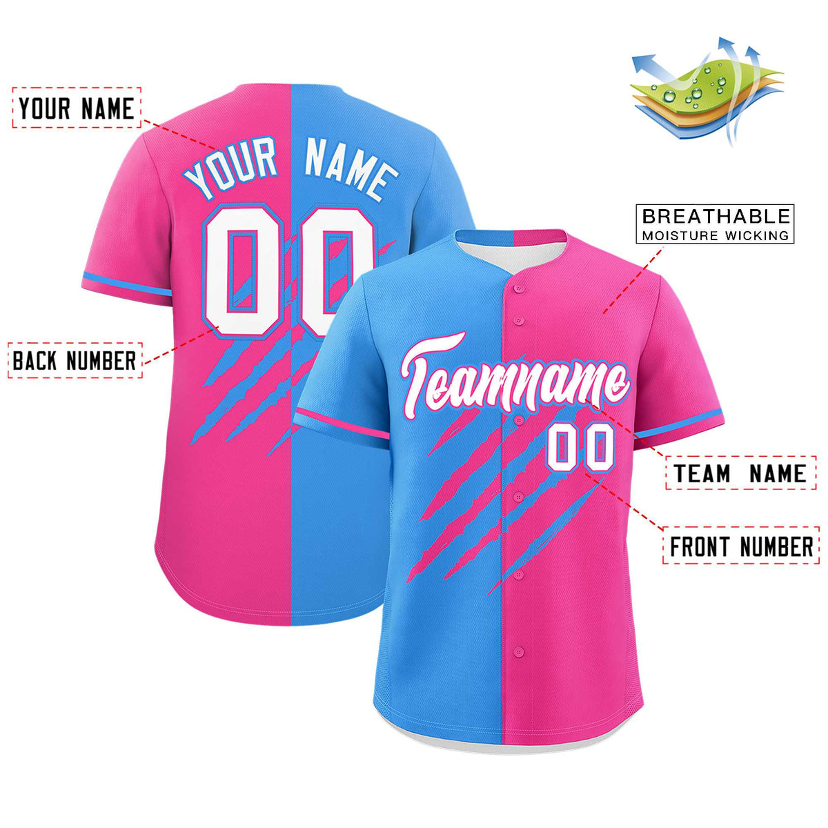 Custom Powder Blue Pink Split Tiger Claw Scratch Pattern Baseball Jersey