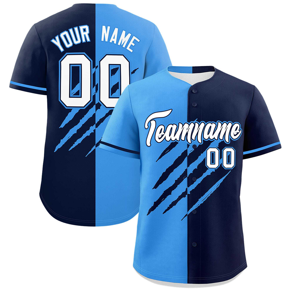 Custom Powder Blue Navy Split Tiger Claw Scratch Pattern Baseball Jersey