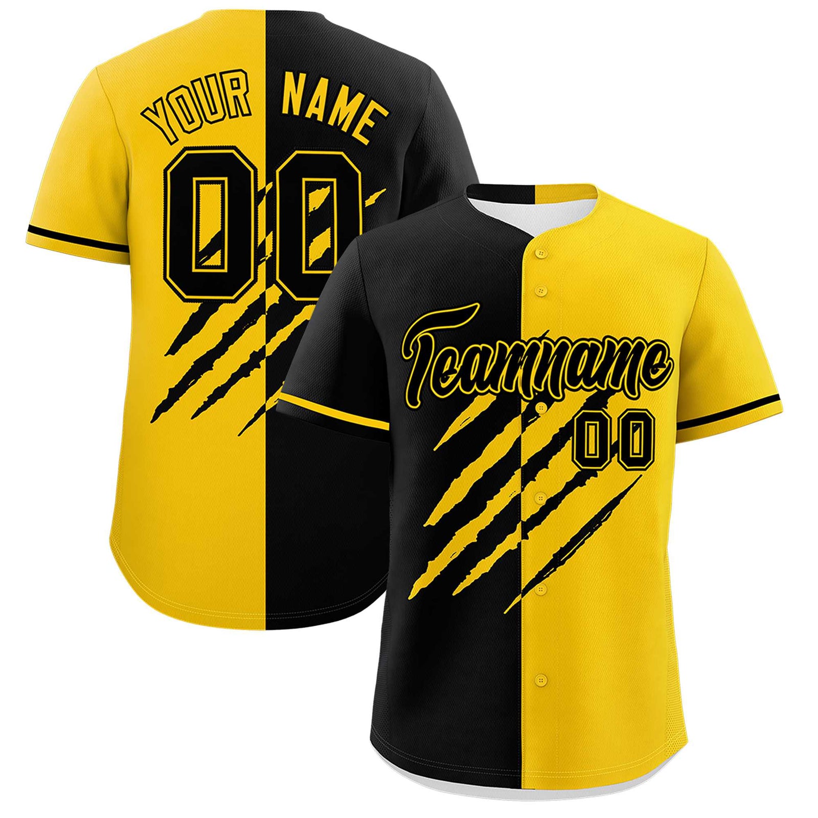 Custom Black Gold Split Tiger Claw Scratch Pattern Baseball Jersey
