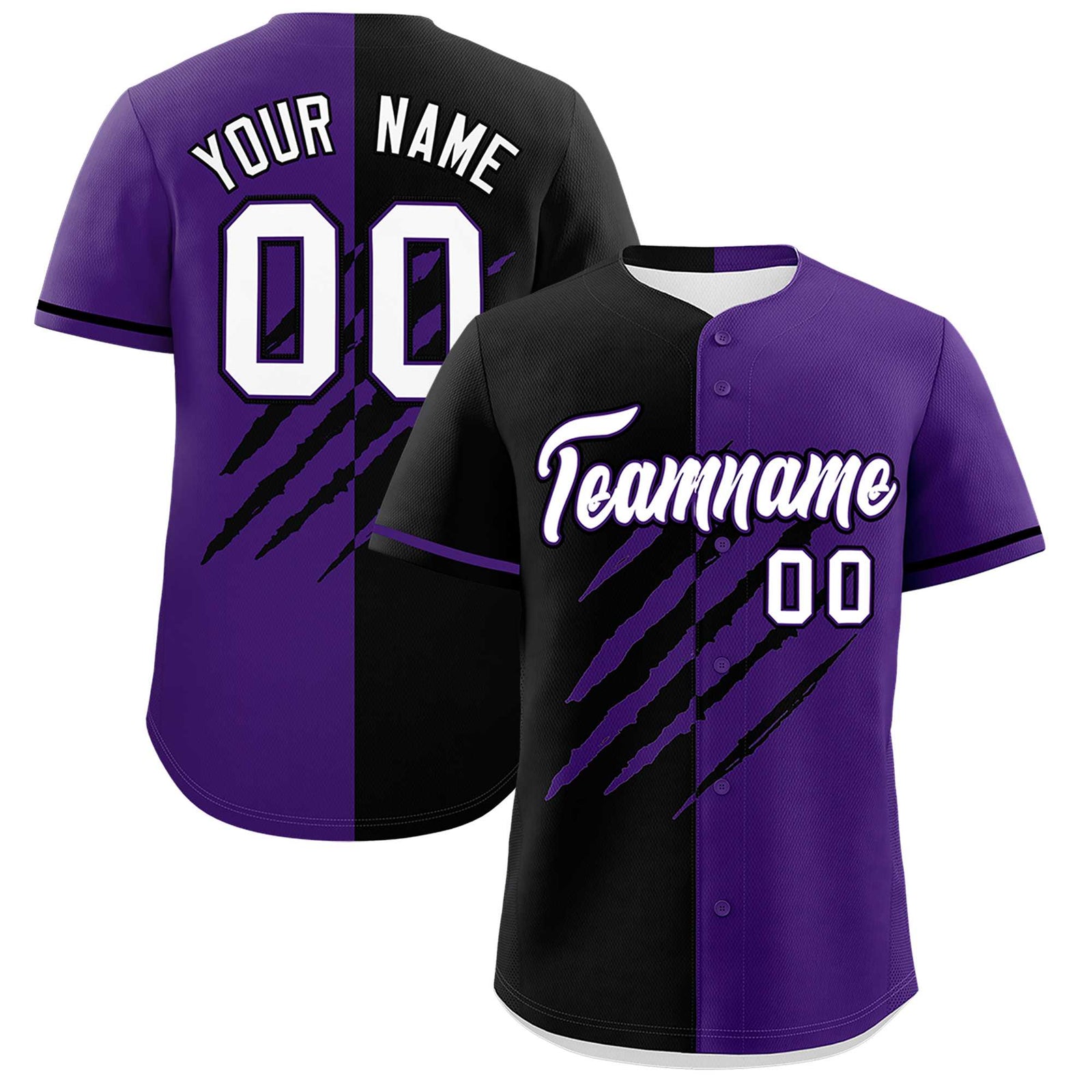 Custom Black Purple Split Tiger Claw Scratch Pattern Baseball Jersey