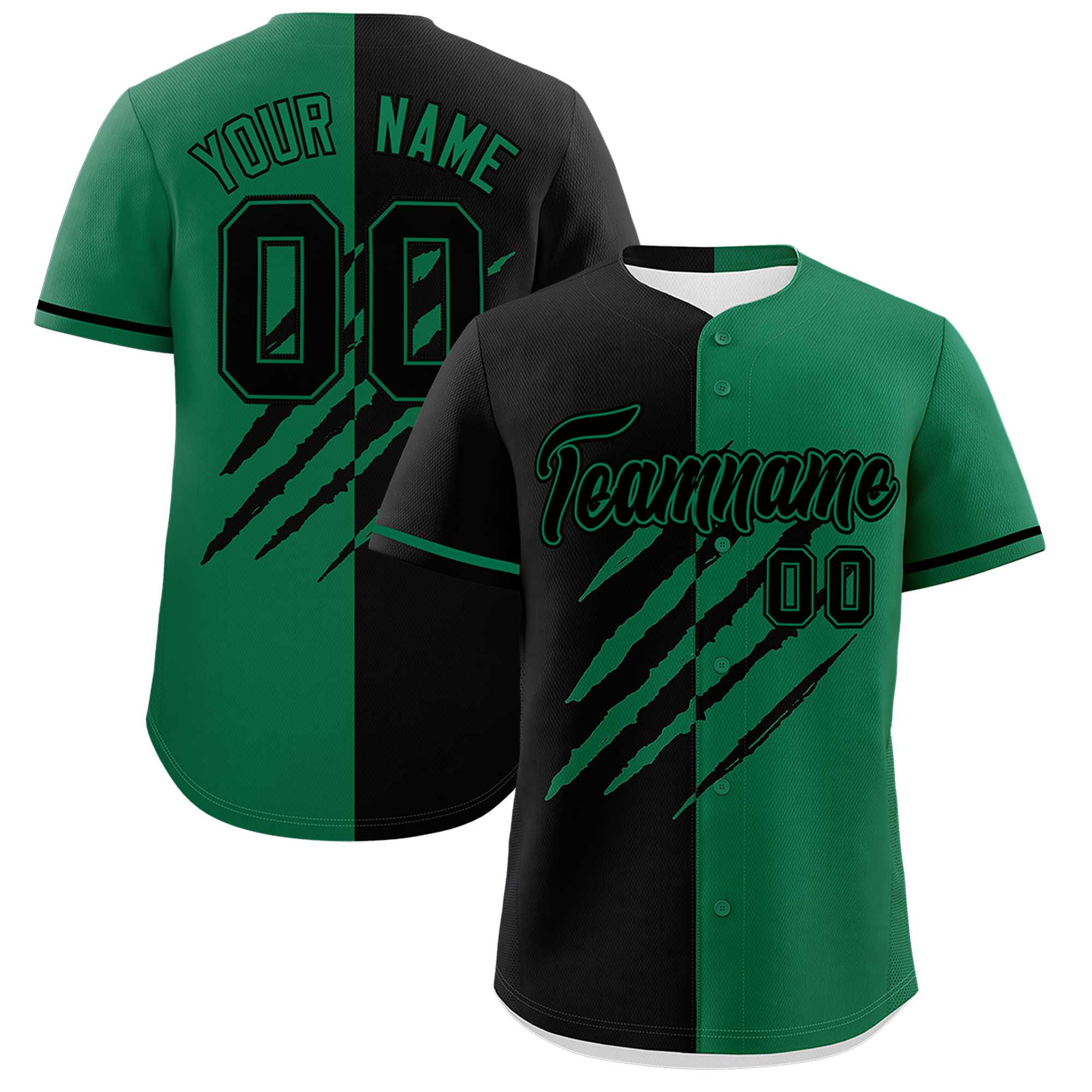 Custom Black Kelly Green Split Tiger Claw Scratch Pattern Baseball Jersey