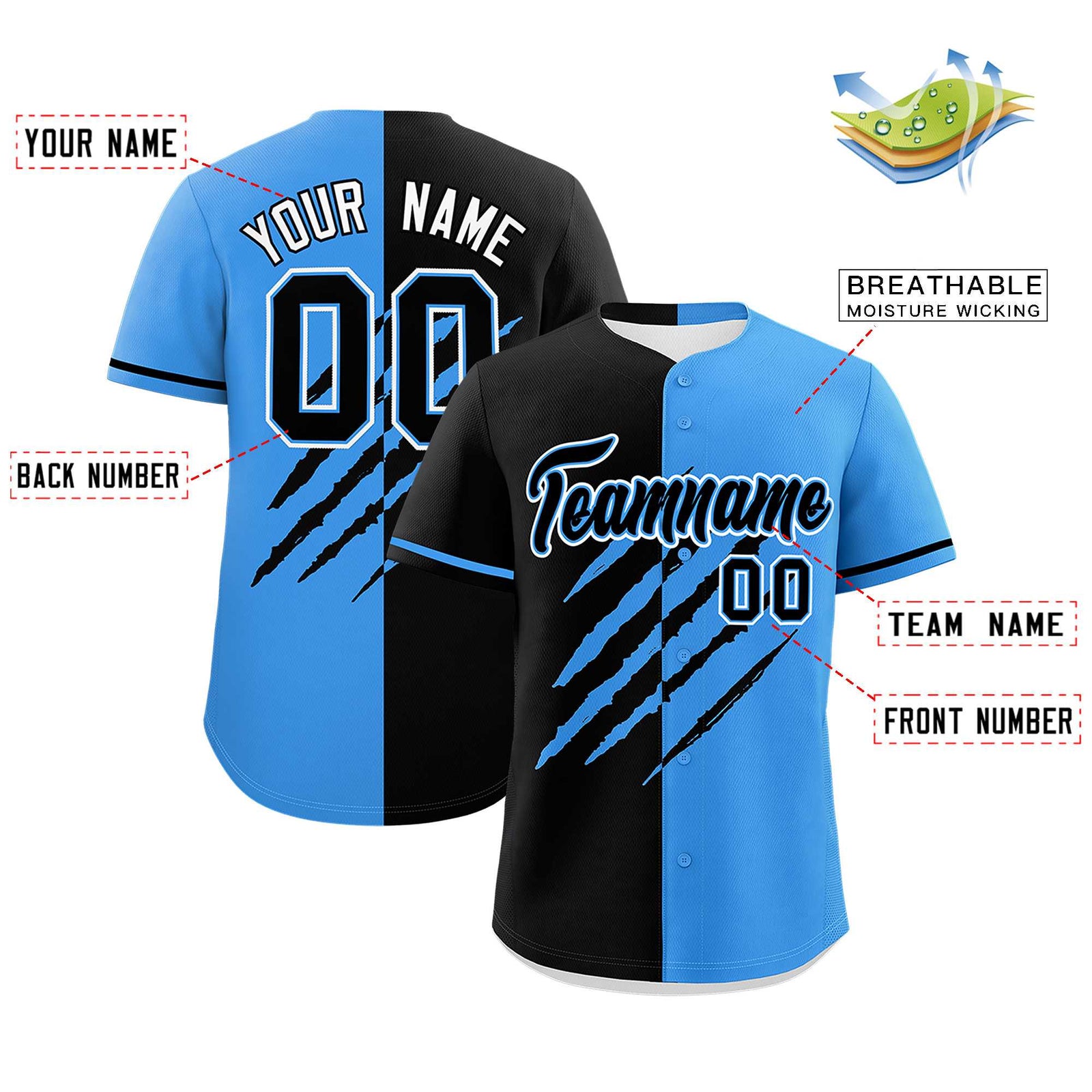 Custom Black Powder Blue Split Tiger Claw Scratch Pattern Baseball Jersey