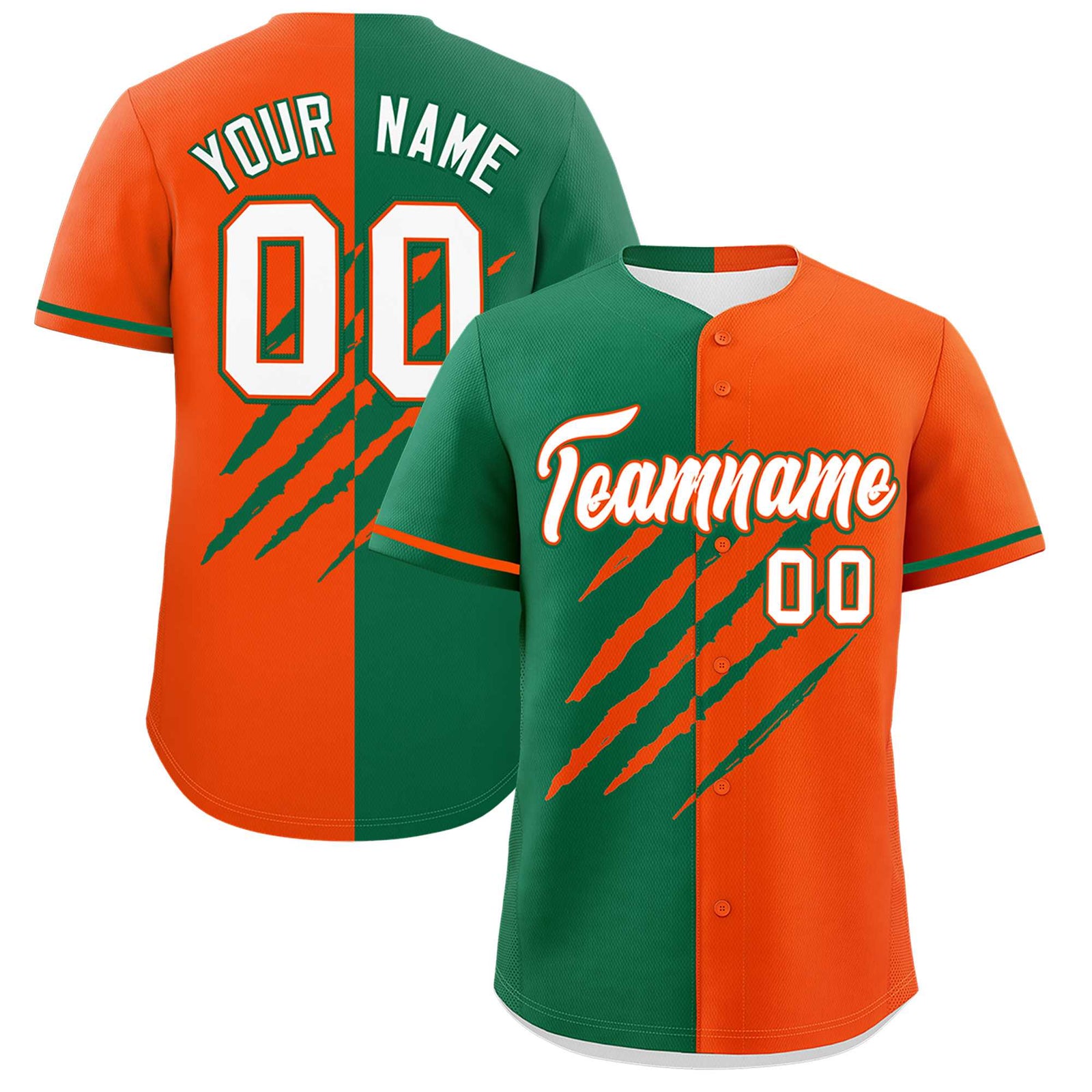 Custom Kelly Green Orange Split Tiger Claw Scratch Pattern Baseball Jersey