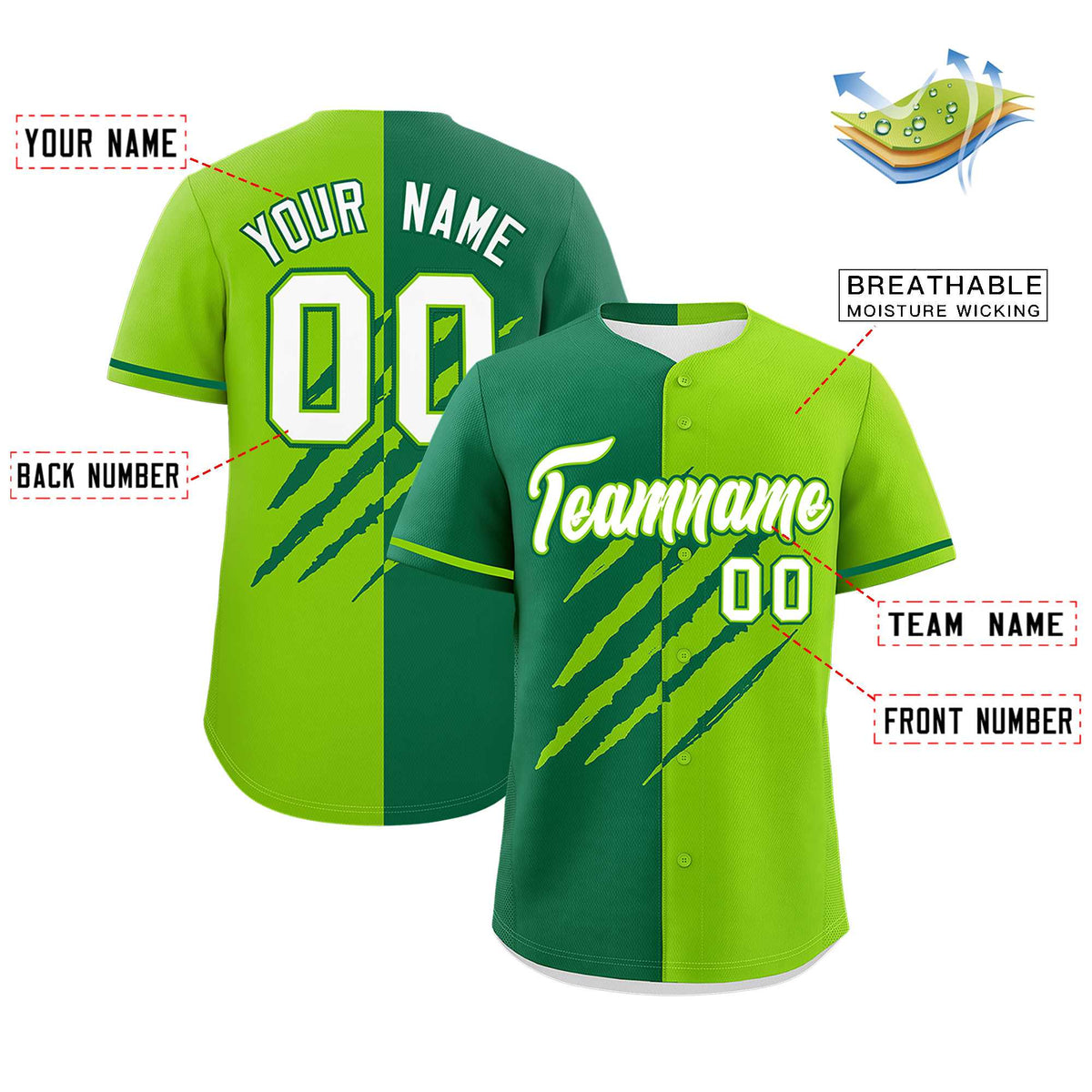 Custom Kelly Green Neon Green Split Tiger Claw Scratch Pattern Baseball Jersey